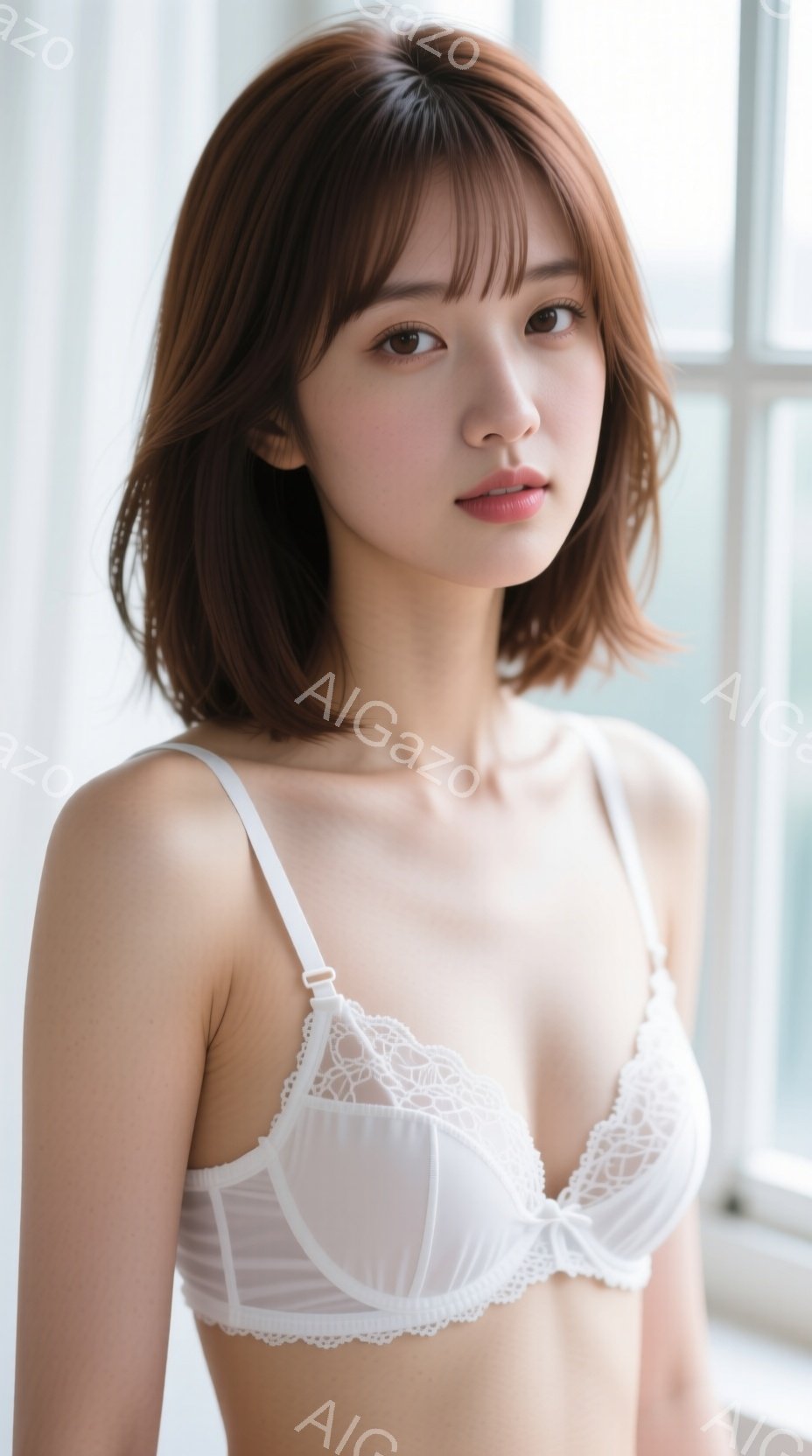 画像には、白いレースのブラジャーを身に着けた若い女性が写っています。彼女は肩までの長さの茶髪で、前髪は眉毛にかかるようにカットされています。彼女は穏やかな表情でカメラを見つめており、背景にはぼやけた窓 - AI生成フリー素材