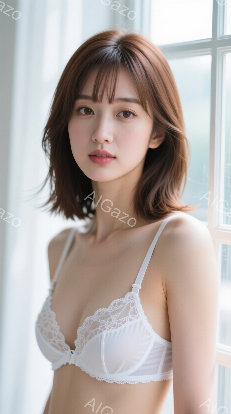 画像は、レースがあしらわれた白いブラレットを身につけた若い女性が写っています。彼女は少し微笑み、ブラウン系のショートヘアで、リラックスした表情をしています。背景には窓枠が見え、室内であること、そして柔 - AI生成フリー素材