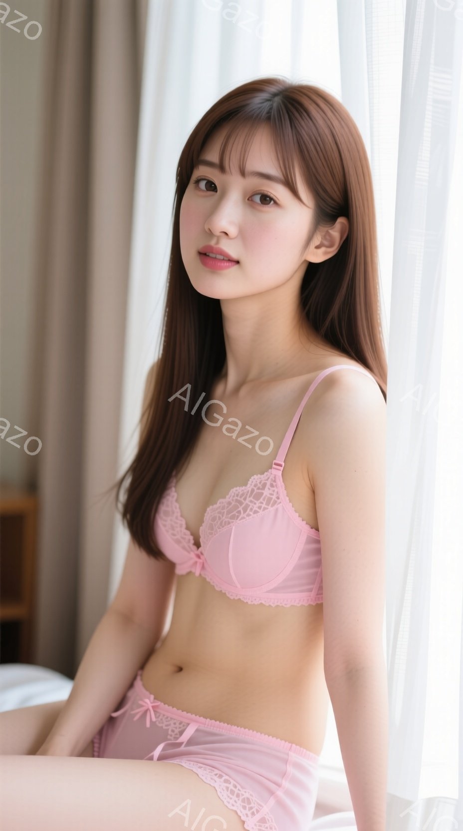 明るいピンク色のレースのブラとショーツを着用した若い女性が写っています。彼女は長い茶色の髪を肩にかけ、穏やかな微笑みを浮かべています。背景は白いカーテンとぼやけた家具で、柔らかく明るい雰囲気を醸し出し - AI生成フリー素材