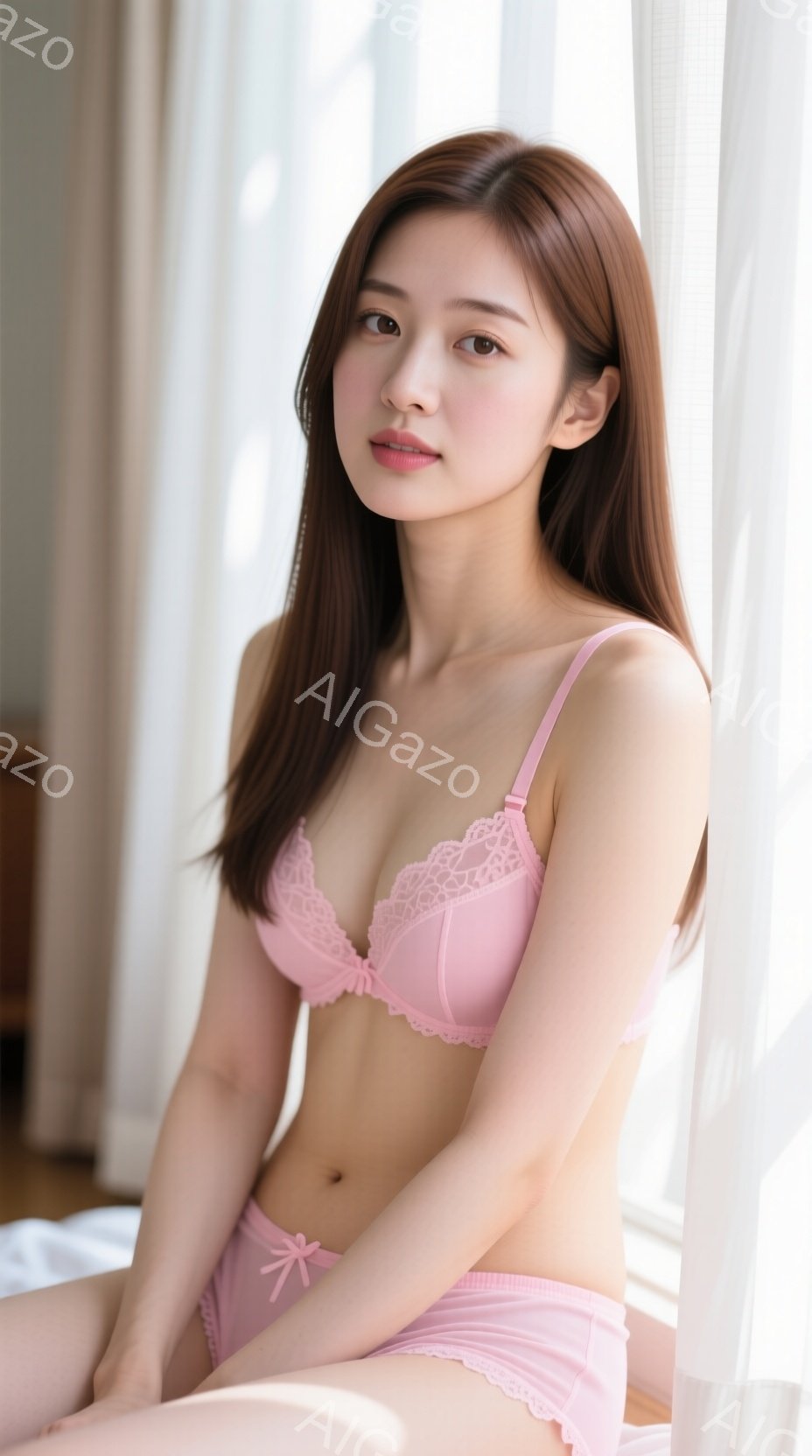 長い茶色の髪を肩にかけた女性が、ピンク色のレースのブラとショーツを身に着けて座っています。彼女はわずかに微笑み、リラックスした表情で、柔らかい光が差し込む窓辺で自然な雰囲気を醸し出しています。背景はぼ - AI生成フリー素材