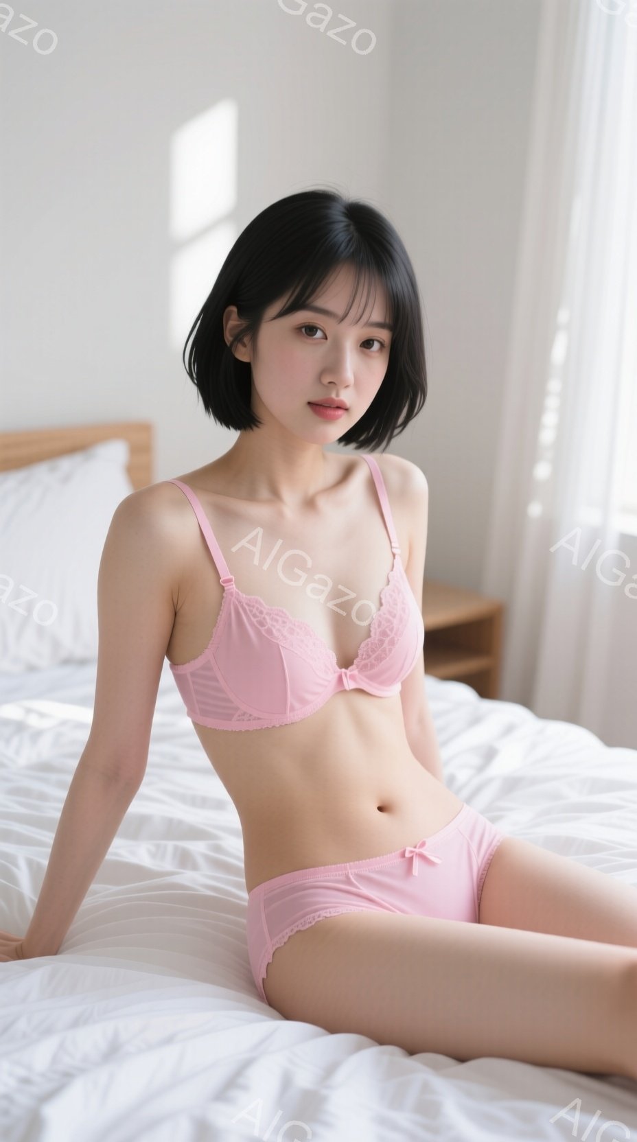 若い女性がピンク色のランジェリーを着て白いベッドに座っています。彼女は黒髪のショートボブで、わずかに微笑んでいます。背景はシンプルで、窓から自然光が差し込んでおり、全体的に柔らかく穏やかな雰囲気が漂っ - AI生成フリー素材