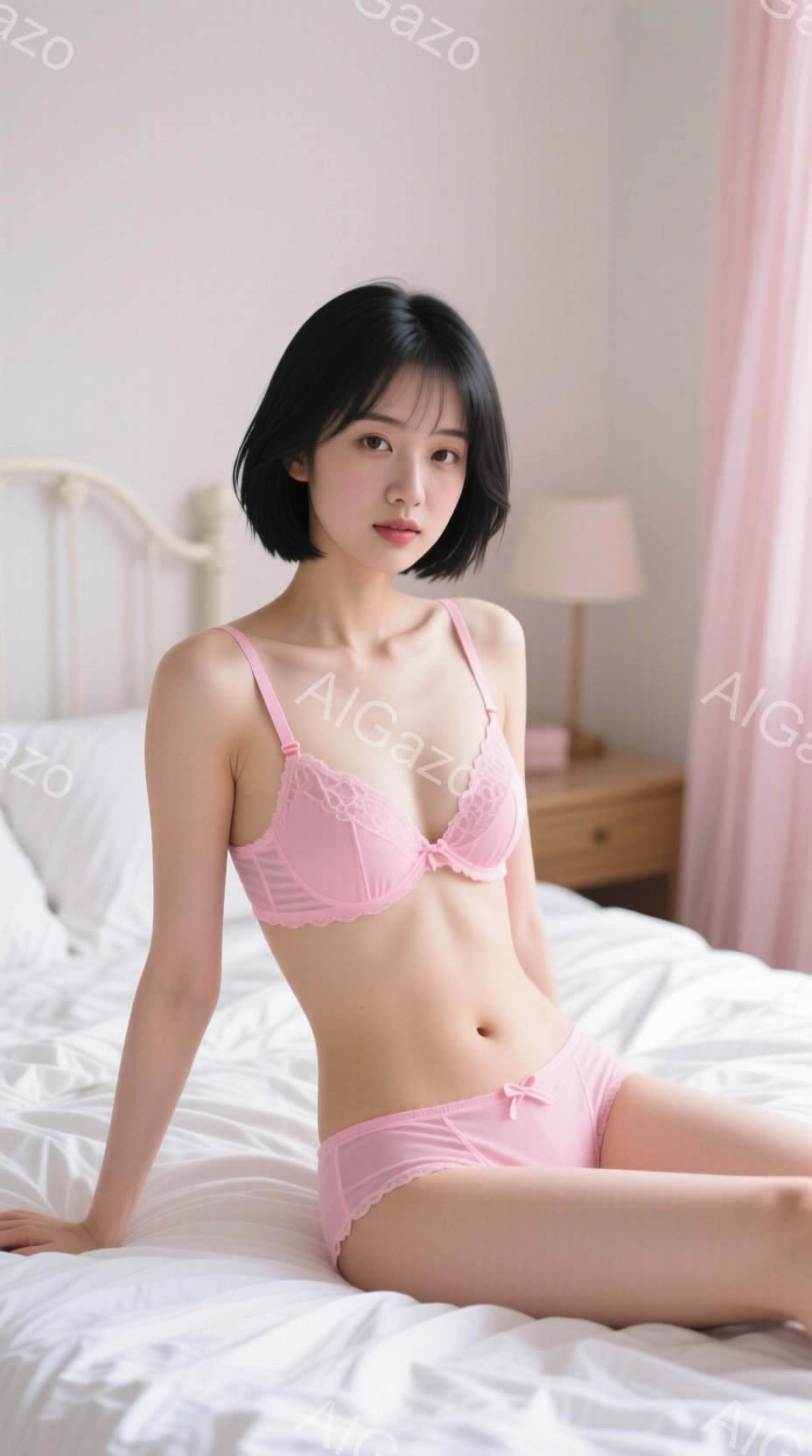 明るいピンク色のランジェリー姿の若い女性がベッドに座っています。彼女は黒いショートヘアで、少し微笑んだ表情をしています。背景には木製のナイトスタンドとランプが見え、柔らかい光が室内を照らしています。 - AI生成フリー素材