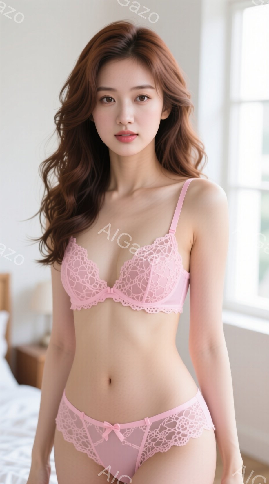 長い茶色の髪を無造作に巻いた若い女性が、ピンク色のレースのブラとショーツのセットを身につけて立っています。彼女は微笑んでおり、姿勢はリラックスしています。背景にはぼやけた寝室の一部が見え、全体的に柔ら - AI生成フリー素材