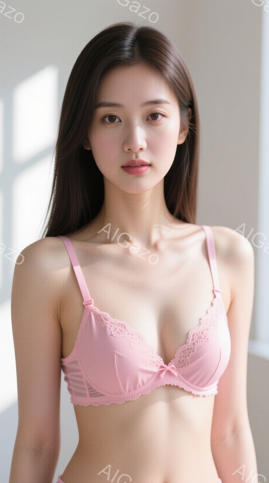 長い黒髪を肩にかけた若い女性が、薄いピンク色のブラジャーを着用し、正面を向いて立っています。彼女は穏やかな表情で、わずかに微笑んでいるように見えます。背景は白く、窓から光が差し込み、柔らかく明るい雰囲 - AI生成フリー素材