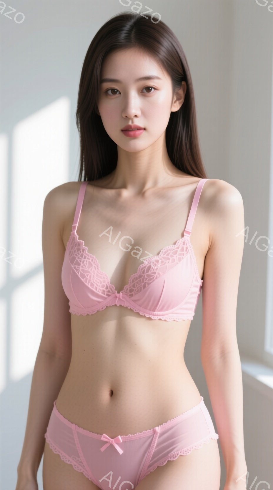 薄いピンク色のレースがあしらわれたブラジャーとショーツを着用した若い女性が写っています。彼女は真っ直ぐに立っており、表情は穏やかで、長い黒髪が肩にかかっています。背景は白く、自然光が差し込み、全体的に - AI生成フリー素材