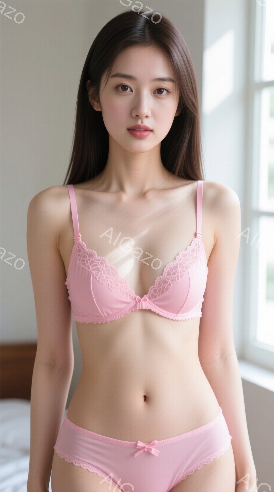 長い黒髪の女性が、ピンク色のレース付きブラジャーとショーツを着用して立っています。彼女は穏やかな表情で、わずかに微笑んでいます。背景は窓からの自然光が差し込む室内で、全体的に柔らかく、穏やかな雰囲気が - AI生成フリー素材