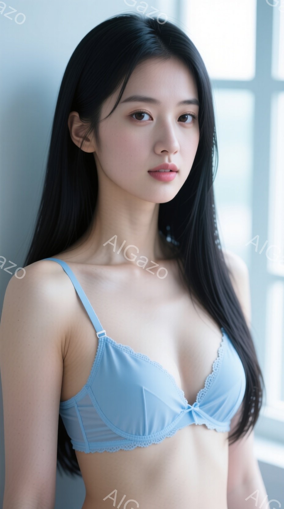 長い黒髪を肩にかけた女性が写っています。淡い水色のレースのブラレットを着ており、リラックスした表情で正面を見ています。背景はぼやけていますが、窓枠と明るい光が差し込んでいることから、室内であることがわ - AI生成フリー素材