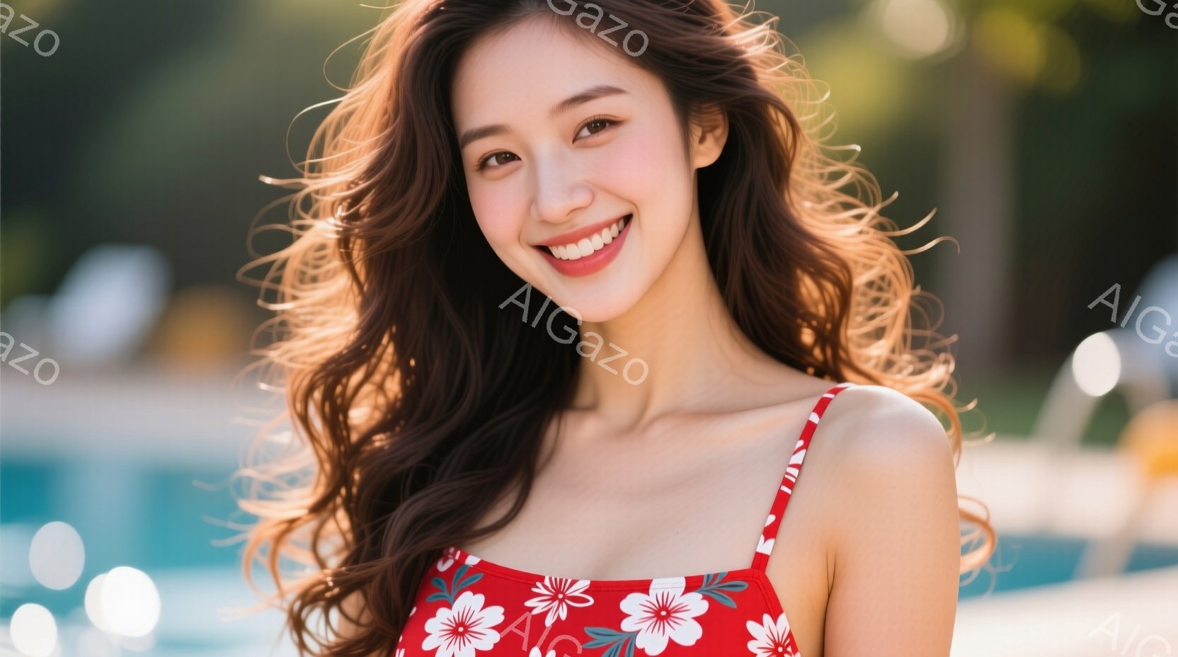 長い茶色のウェーブヘアをした女性が、赤い花柄の水着を着て微笑んでいます。彼女は少し横を向き、髪が風になびいており、表情は明るく幸せそうです。背景には水色のプールとぼやけた緑の植物が見え、暖かい日差しが - AI生成フリー素材
