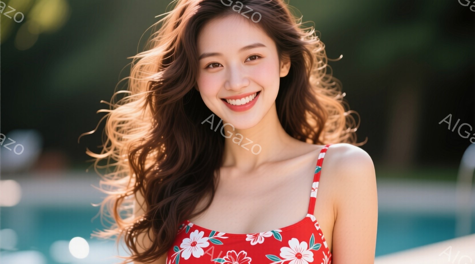明るい笑顔を浮かべた女性が写っている。赤い花柄のキャミソールワンピースを着ており、長い茶色の髪が風になびいている。背景には青いプールと緑豊かな植物が見え、晴れた日のリラックスした雰囲気が漂っている。 - AI生成フリー素材