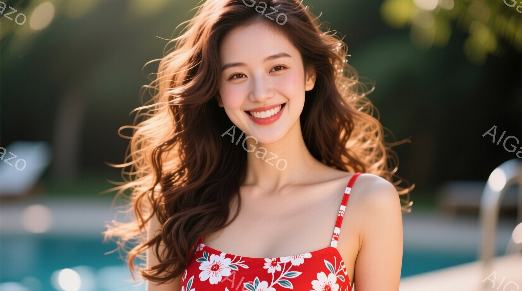 明るい笑顔を浮かべた女性が写っている。赤い花柄のキャミソールワンピースを着ており、長い茶色の髪は風になびいている。背景には青いプールと緑豊かな植物が見え、晴れた日のリラックスした雰囲気が漂っている。