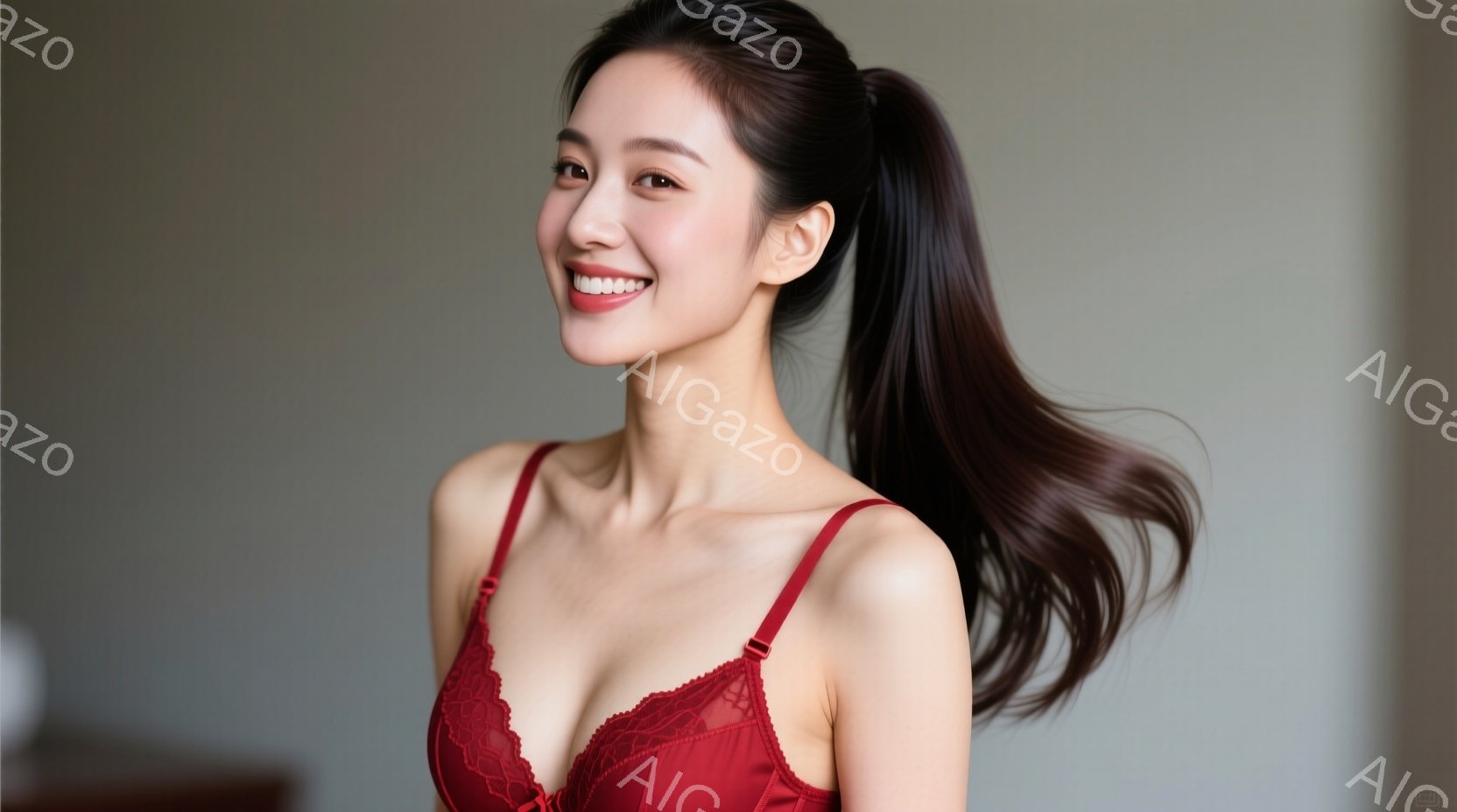 長い黒髪を高く結び上げた女性が、赤いレースのキャミソールを着て微笑んでいます。彼女は正面を向き、わずかに首を傾けており、表情は明るく華やかです。背景は淡いベージュ色で、室内であることが分かります。 - AI生成フリー素材