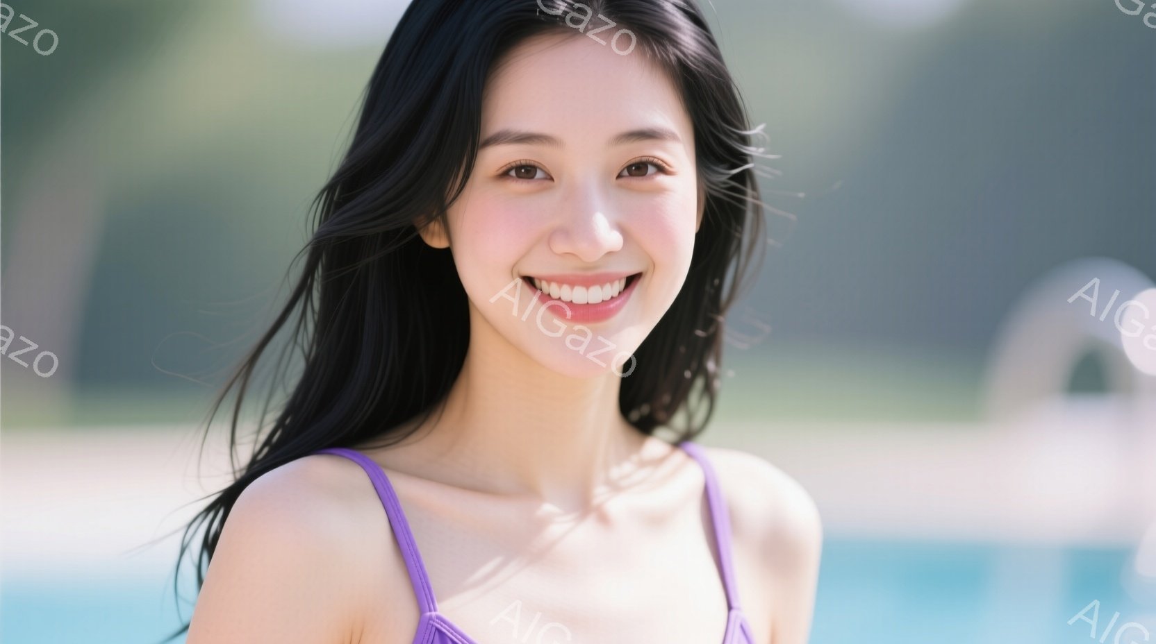 長い黒髪をなびかせた女性が、紫色の水着を着て微笑んでいます。彼女はわずかに顔を傾け、リラックスした表情でカメラを見ています。背景にはぼやけたプールと緑豊かな植物が見え、晴れた日の穏やかな雰囲気を醸し出 - AI生成フリー素材