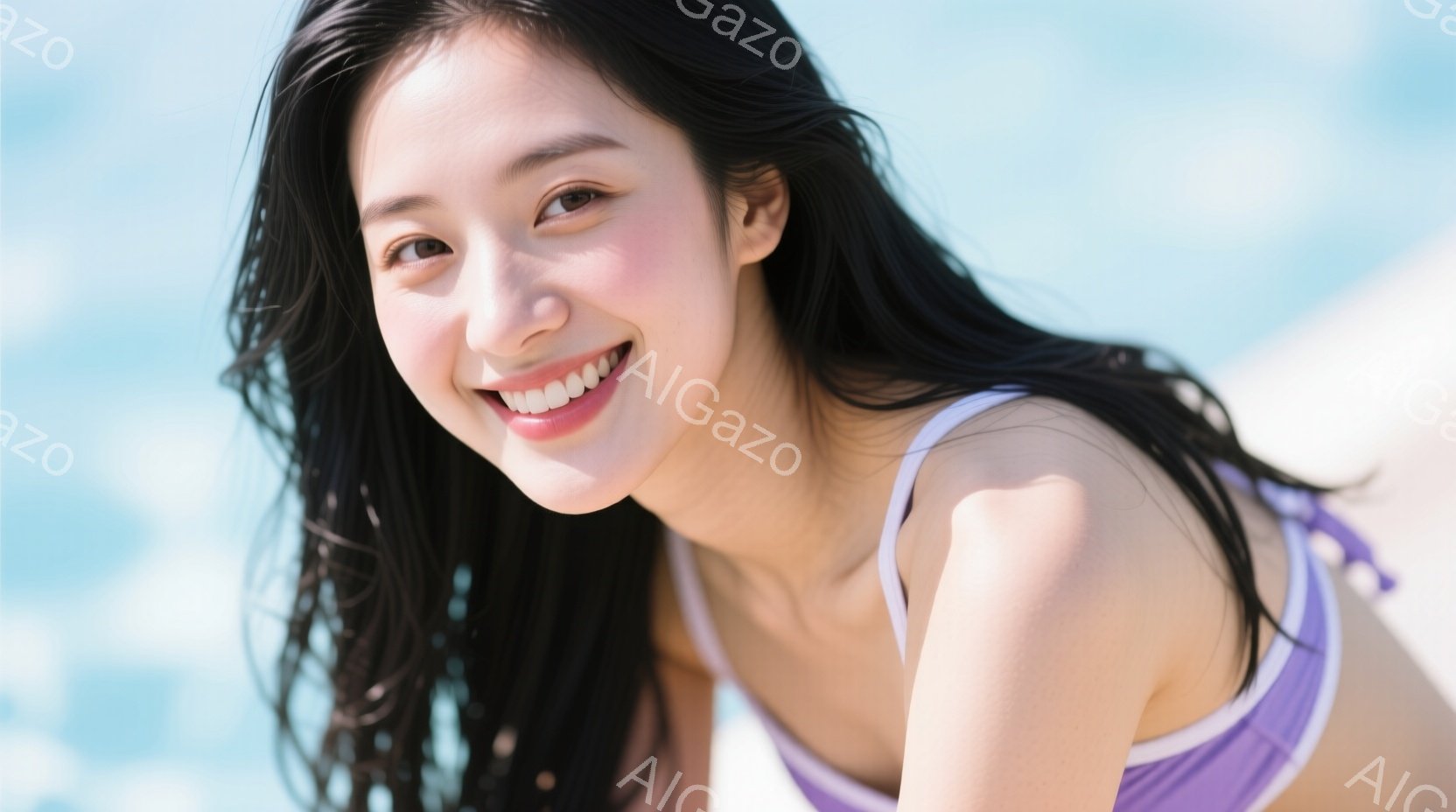 黒髪を濡らした若い女性が、紫色の水着を着て微笑んでいます。彼女はカメラに向かって少し体を傾け、リラックスしたポーズをとっています。背景はぼやけた青色で、水辺またはプールのような場所であると推測できます。