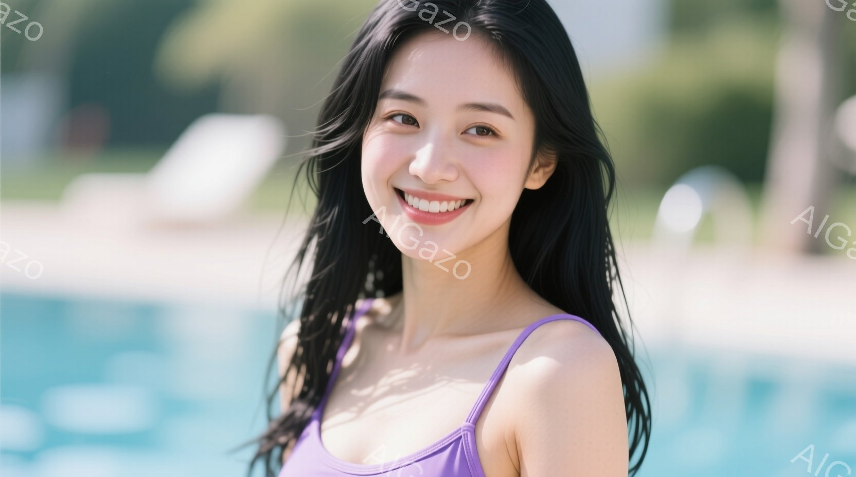長い黒髪が肩から背中を流れ、紫色の水着を着た若い女性が写っている。彼女は満面の笑みを浮かべ、カメラの方をまっすぐ見つめており、背景には青いプールとぼやけた緑の植物が見える。 全体的に、明るく爽やかな夏 - AI生成フリー素材