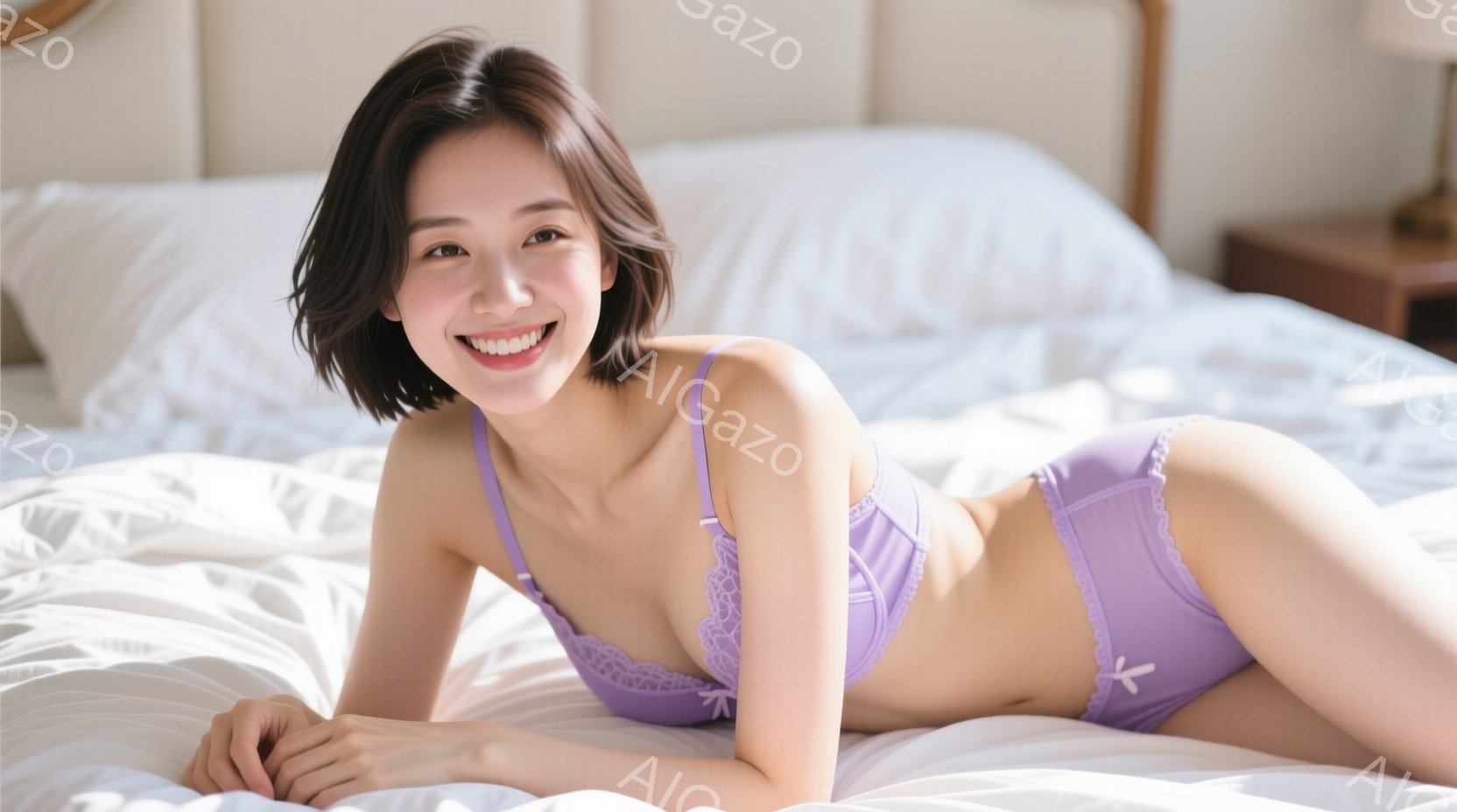 淡い紫色（ラベンダー色）のレースのブラとショーツを身につけた女性が、白いベッドの上で横たわっています。彼女は少し微笑み、リラックスした表情でカメラを見ており、髪は肩までの長さのゆるいウェーブがかかって - AI生成フリー素材