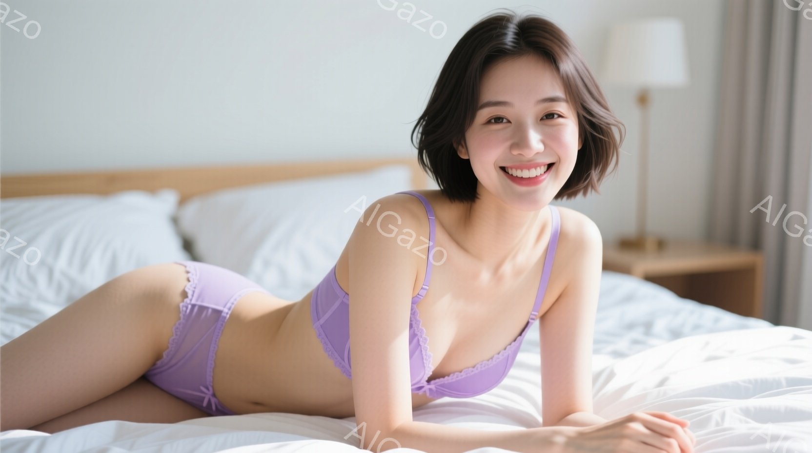 若い女性がベッドに横たわっており、淡い紫色のレースのランジェリーを身につけています。彼女は微笑んでおり、髪は肩までの長さのゆるいカールで、リラックスした雰囲気を醸し出しています。背景には白いベッドリネンと、シンプルなナイトスタンドとランプが見え、柔らかく穏やかな空間が演出されています。