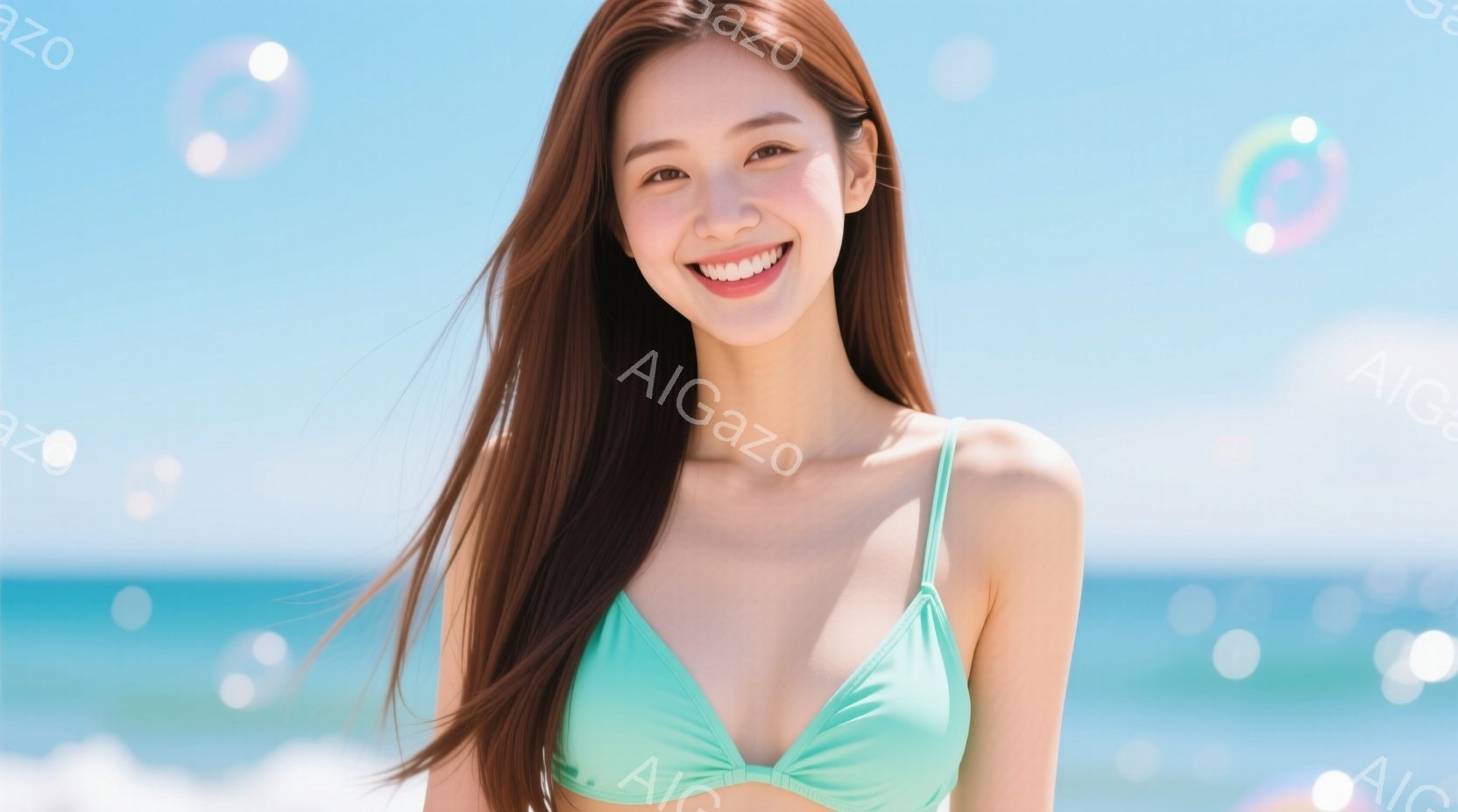 長い茶色の髪を広げ、ターコイズブルーのビキニを着た女性が写っています。彼女は微笑んでおり、リラックスした表情でカメラを見つめています。背景は青い海と空で、泡が漂っており、夏の穏やかな雰囲気を醸し出しています。