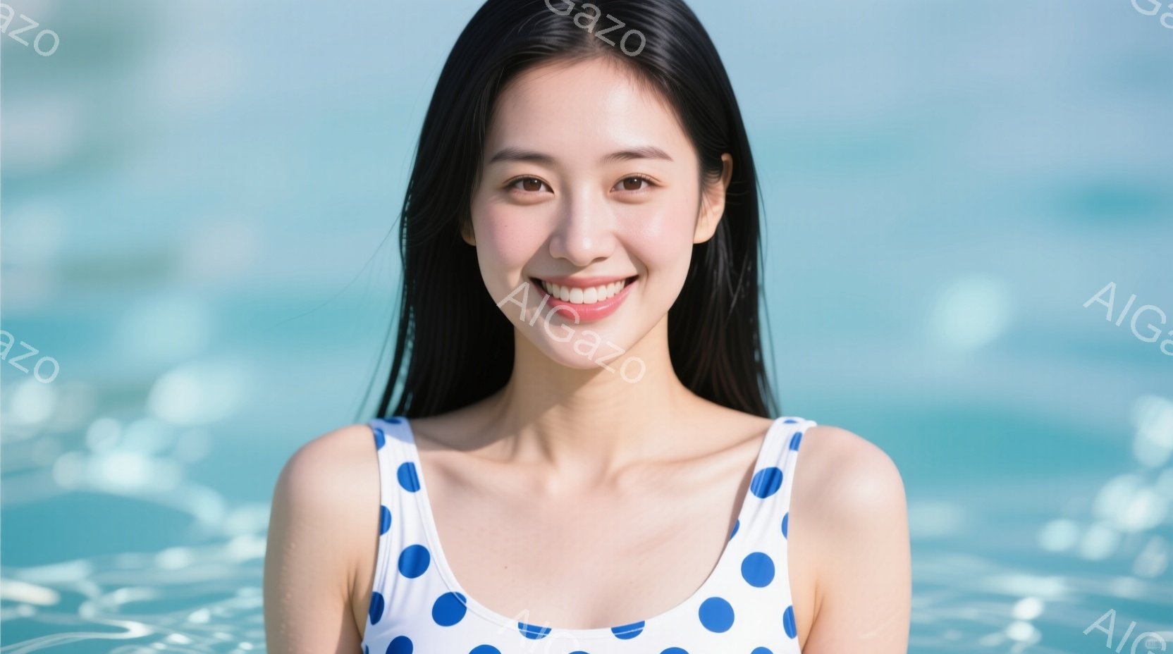 この女性は水中でポーズをとっており、白地に濃い青色の水玉模様のワンピース水着を着ています。彼女は長い黒髪をストレートに垂らし、満面の笑顔を浮かべており、生き生きとした表情が印象的です。背景は水面が広がり、明るい光が反射しており、爽やかで夏らしい雰囲気を醸し出しています。