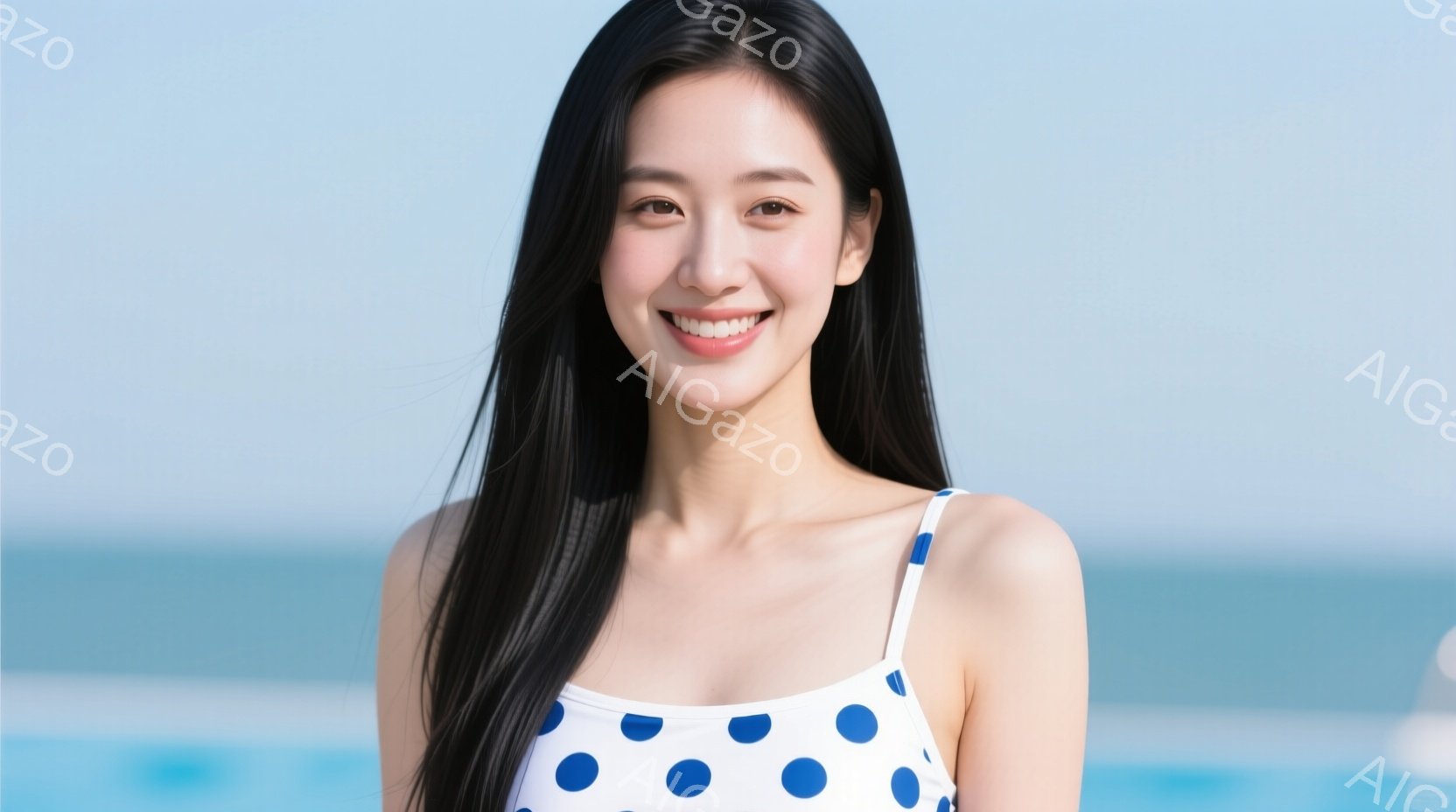 白地に水色のドット柄のワンピース水着を着た女性が写っています。彼女は長い黒髪で、明るい笑顔を見せており、リラックスした雰囲気です。背景は青い海と空で、晴天のビーチで撮影されたと思われます。 - AI生成フリー素材