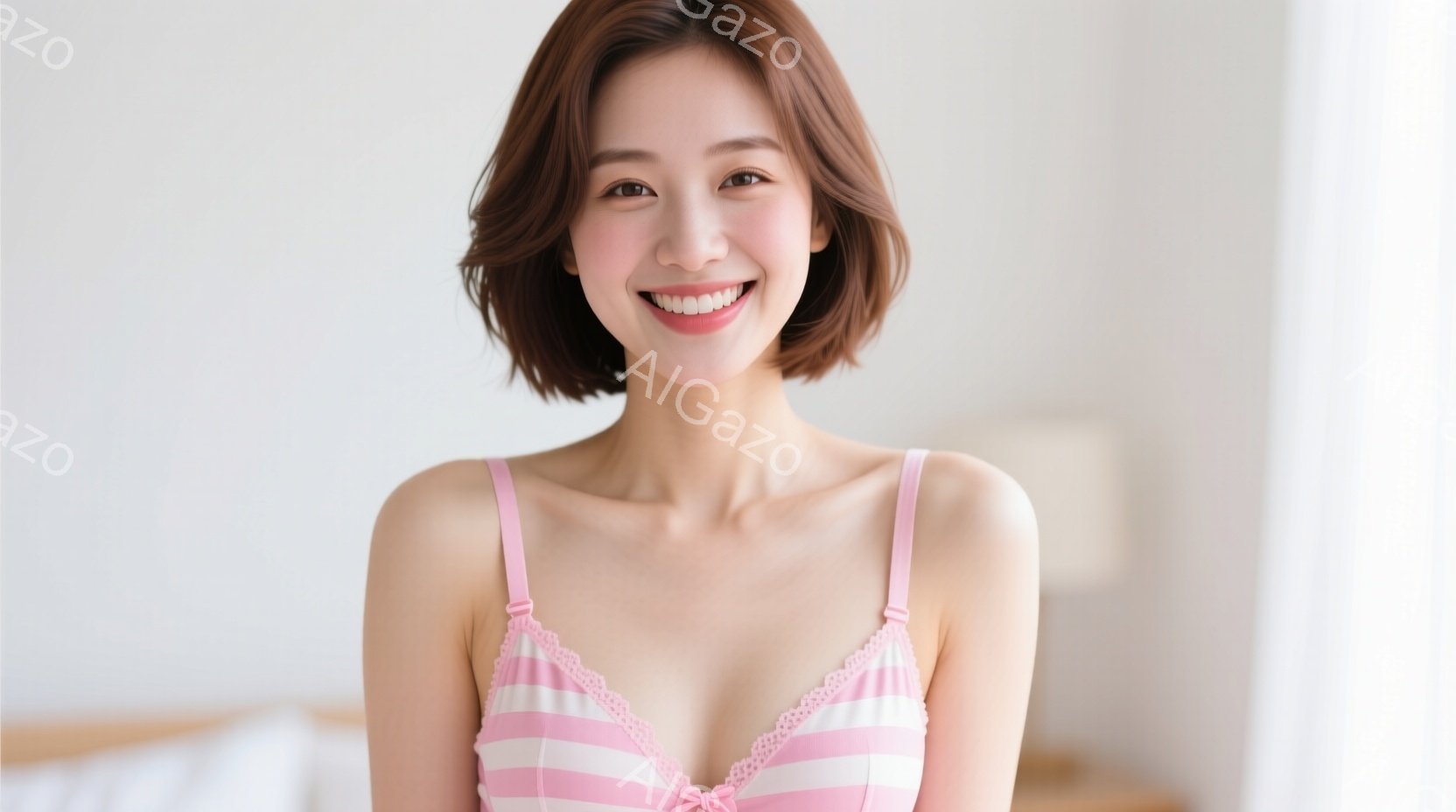 明るいピンクと白のストライプのブラレットを着た若い女性が写っています。彼女は短い茶色の髪を持ち、笑顔でカメラを見つめています。背景はぼやけていますが、ベッドルームの一部が見え、全体的に明るく、リラック - AI生成フリー素材