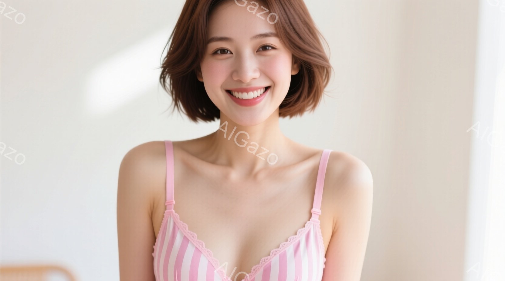 明るいピンクと白のストライプのキャミソールを着た若い女性が写っています。彼女は笑顔でカメラを見つめ、肩を少し傾けてポーズをとっています。背景は白く、わずかにぼやけており、女性が主な焦点となっています。 - AI生成フリー素材