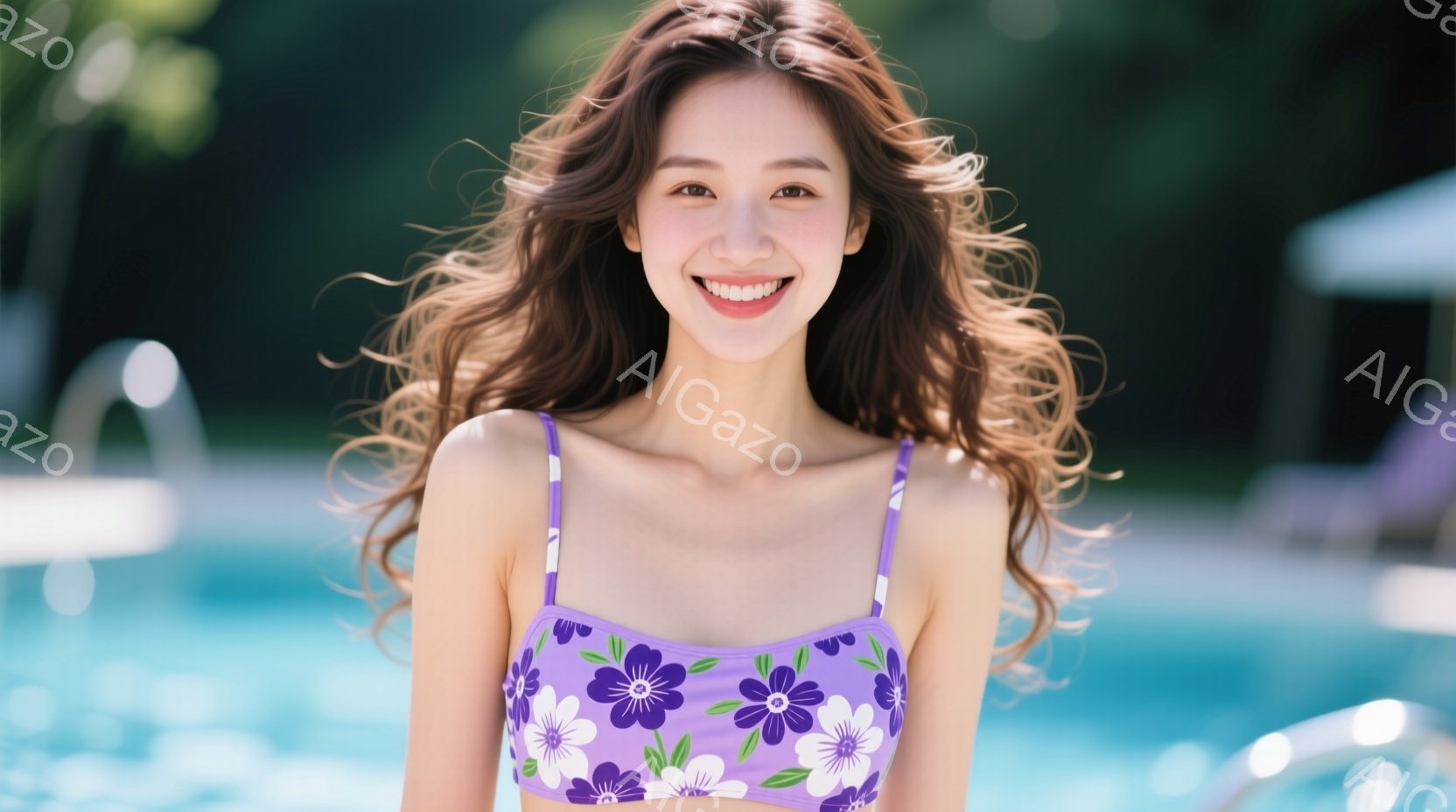 明るい紫色の花柄のビキニを着た女性が写っています。彼女は長い茶色の髪を軽くカールさせ、満面の笑みを浮かべてカメラを見つめています。背景には青いプールと緑豊かな植物が見え、晴れた日のリゾート地のような雰 - AI生成フリー素材