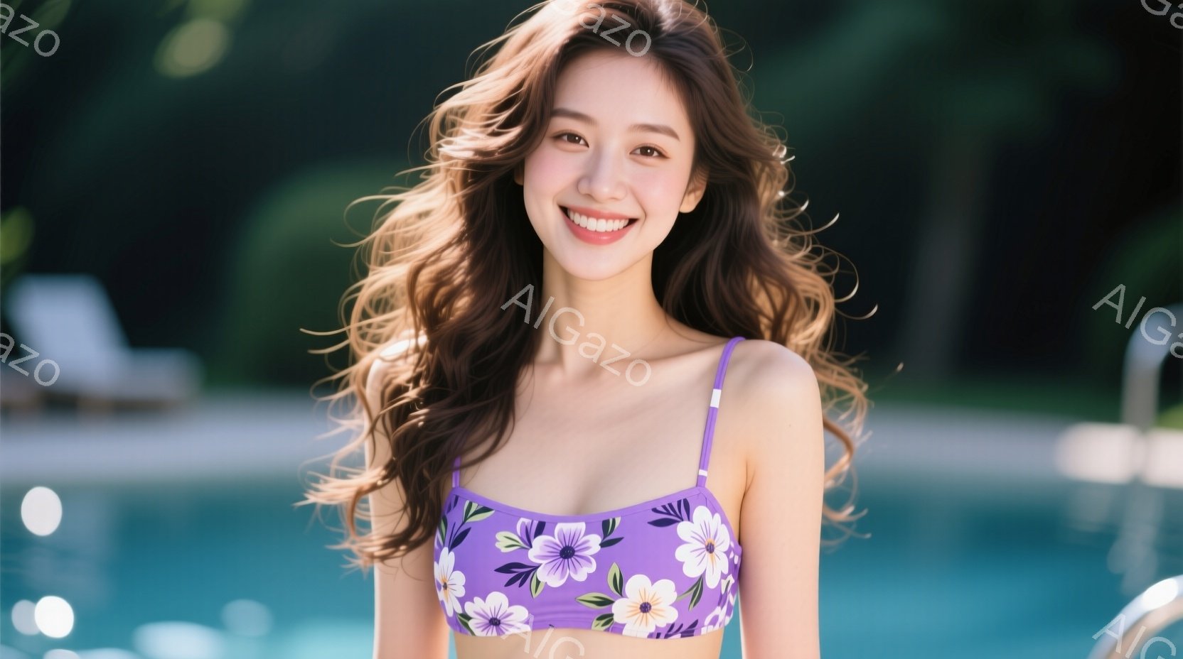 明るい紫色の花柄のビキニトップスを着た女性が写っています。彼女は長い茶色の髪を無造作に垂らし、満面の笑顔を浮かべています。背景には青いプールと緑豊かな植物が見え、晴れた日のリゾート地の雰囲気が漂ってい - AI生成フリー素材