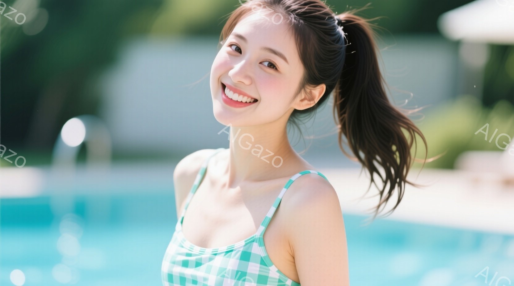 若い女性が緑と白のチェック柄の水着を着て、明るい笑顔でカメラに向かってポーズをとっています。彼女は髪を高くポニーテールにし、顔の横で髪が少し飛んでいます。背景には青い水面と緑豊かな植物が見え、晴れた日 - AI生成フリー素材