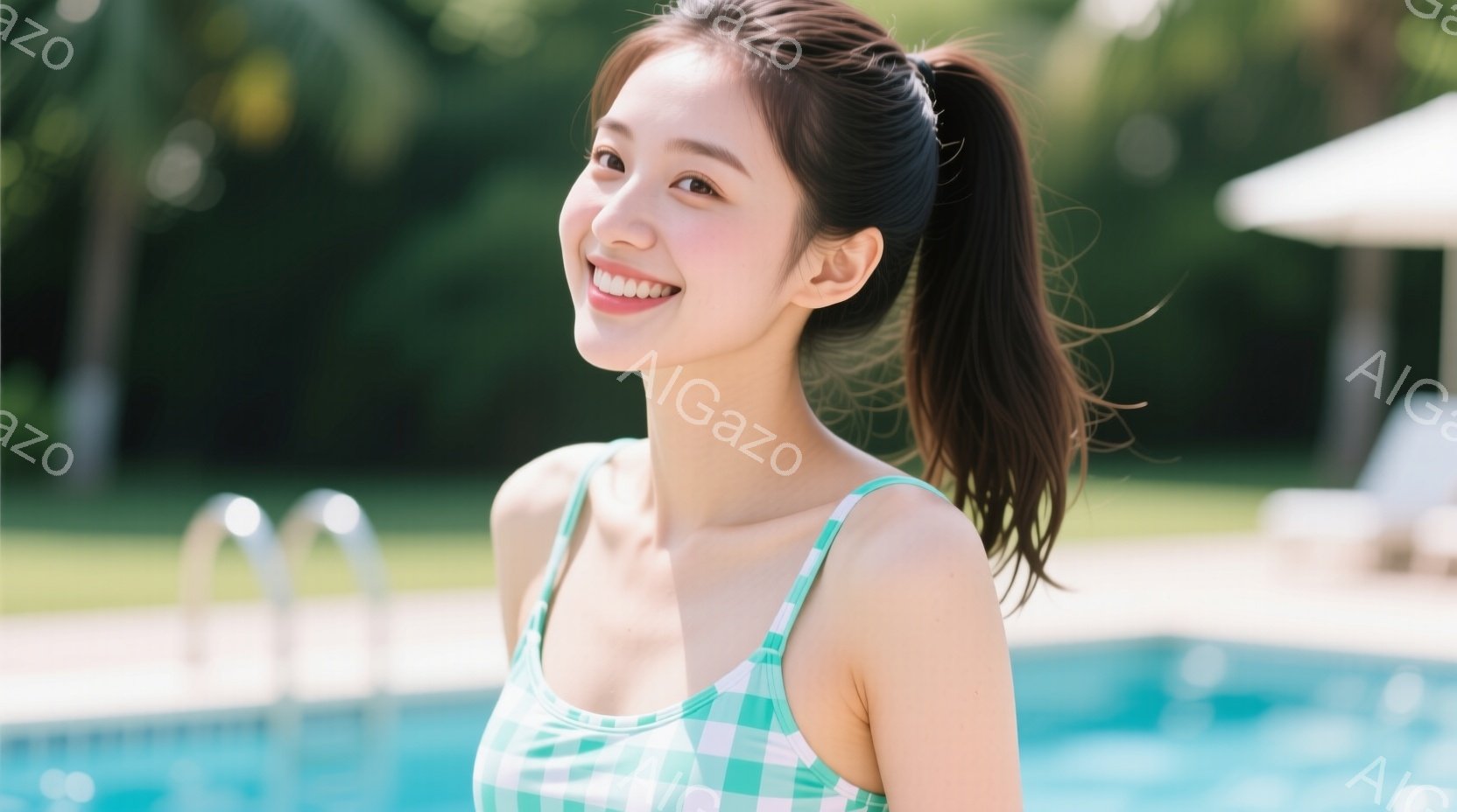 若い女性がプールサイドで微笑んでいます。彼女は緑と白のチェック柄の水着を着ており、髪は高くポニーテールに結ばれています。背景には青いプールと緑豊かな木々が見え、晴れた日のリラックスした雰囲気が漂っています。