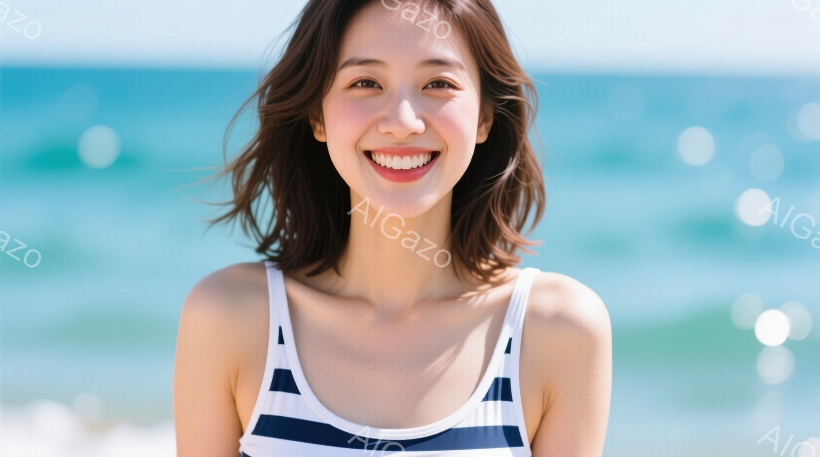明るい笑顔を見せる女性が写っています。彼女はストライプのビキニを着ており、肩までかかる茶色の髪は風になびいています。背景には青い海と空が広がり、晴れた日のビーチの雰囲気が漂っています。 - AI生成フリー素材