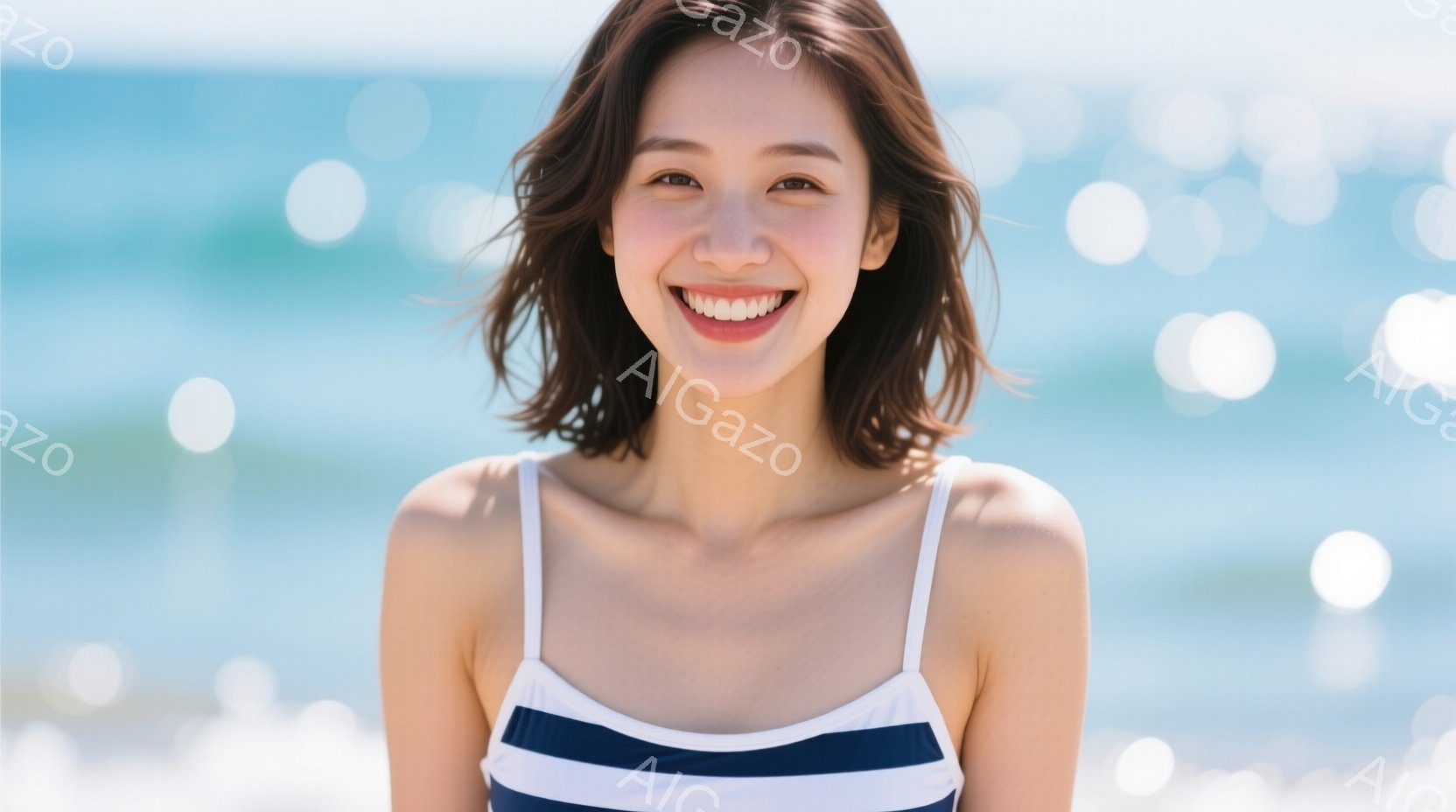 画像には、白と紺色のストライプのビキニを着た女性が写っています。彼女は微笑んでおり、茶色の短い髪は少し無造作に肩にかかっています。背景は青い海と明るい日差しで、全体的に爽やかでリラックスした雰囲気が漂 - AI生成フリー素材
