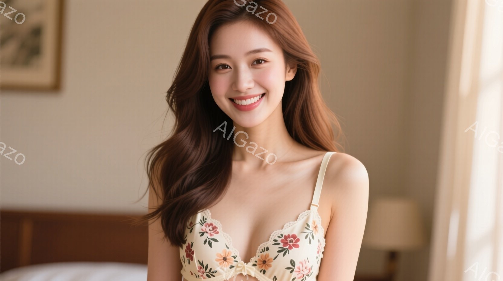 明るい室内で、花柄のブラレットを身につけた若い女性が微笑んでいます。彼女は肩までかかる茶色の長い髪を持ち、リラックスした姿勢でカメラに向かって穏やかな表情を浮かべています。背景にはベッドとぼんやりとし - AI生成フリー素材