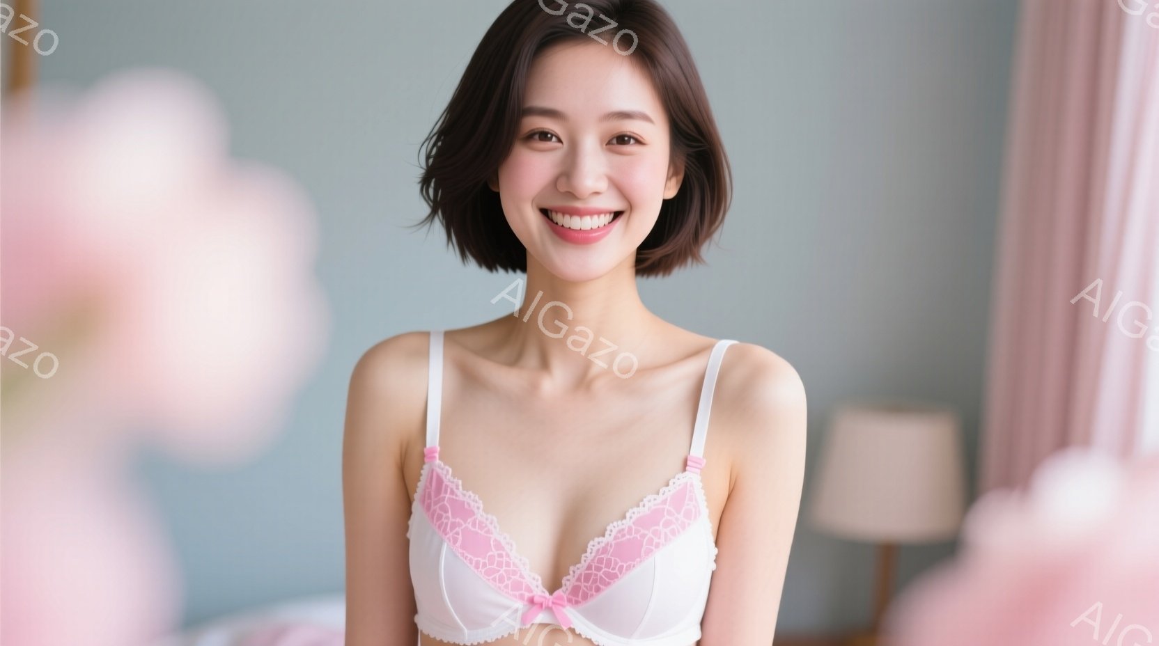 若い女性が白いレースのブラレットを身につけて笑顔でこちらを見ている。彼女は肩を出し、短い茶色の髪型で、明るい表情をしている。背景は薄いピンク色のカーテンとぼやけた家具で、全体的に柔らかく、親しみやすい - AI生成フリー素材