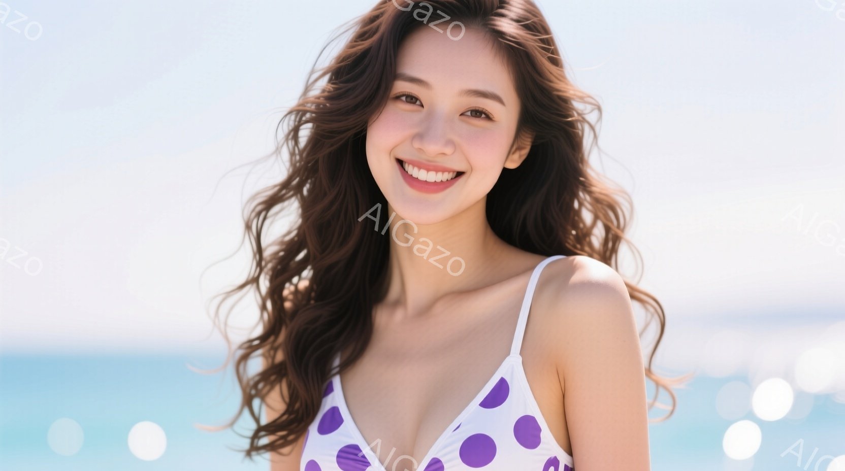 明るい青色の海を背景に、紫色の水玉模様のビキニを着た女性が写っています。彼女は長い茶色の髪を風になびかせ、満面の笑顔を浮かべています。背景はぼやけており、夏の明るく楽しい雰囲気を醸し出しています。 - AI生成フリー素材