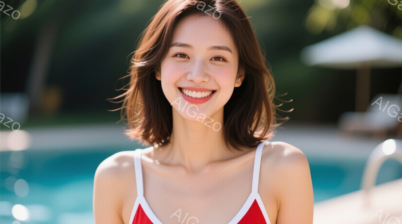 明るい笑顔を浮かべた女性が写っています。赤い水着に白いトリムが施されており、肩を露出したデザインです。背景には青いプールと、ぼやけた緑の木々が見え、晴れた日のリゾート地のような雰囲気です。