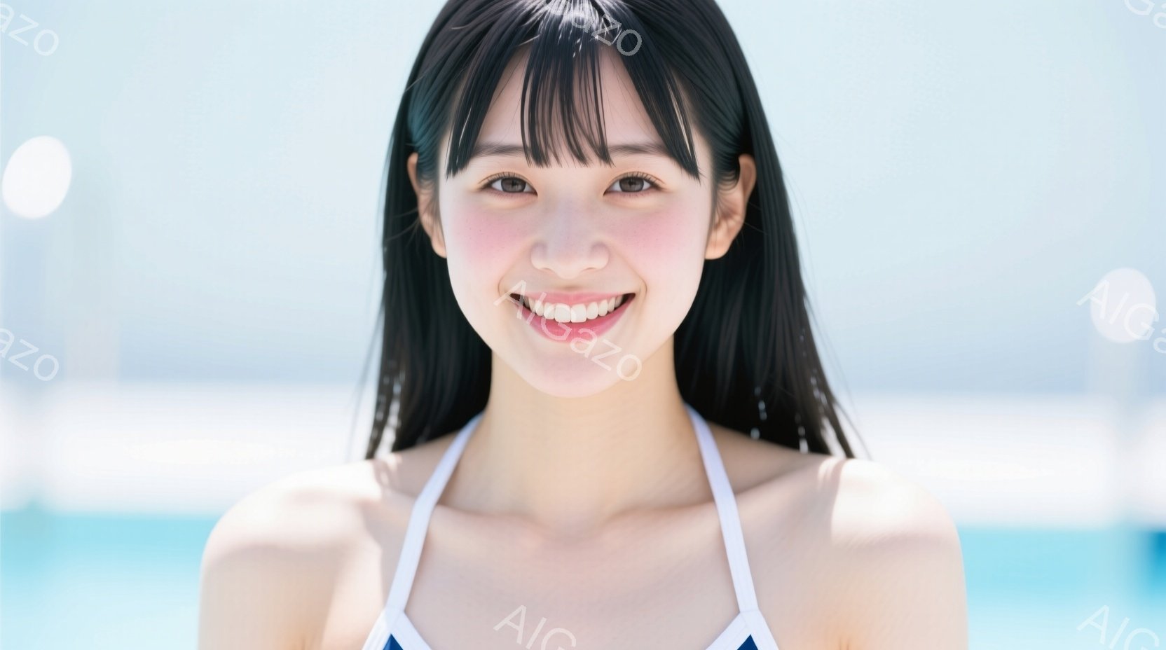 黒髪の女性が正面を見つめ、微笑んでいます。白い水着を身につけ、髪は肩にかかる長さで、前髪は眉毛のあたりでカットされています。背景は水色のプールと、ぼやけた白い建物で、晴れた日の穏やかな雰囲気が漂ってい - AI生成フリー素材