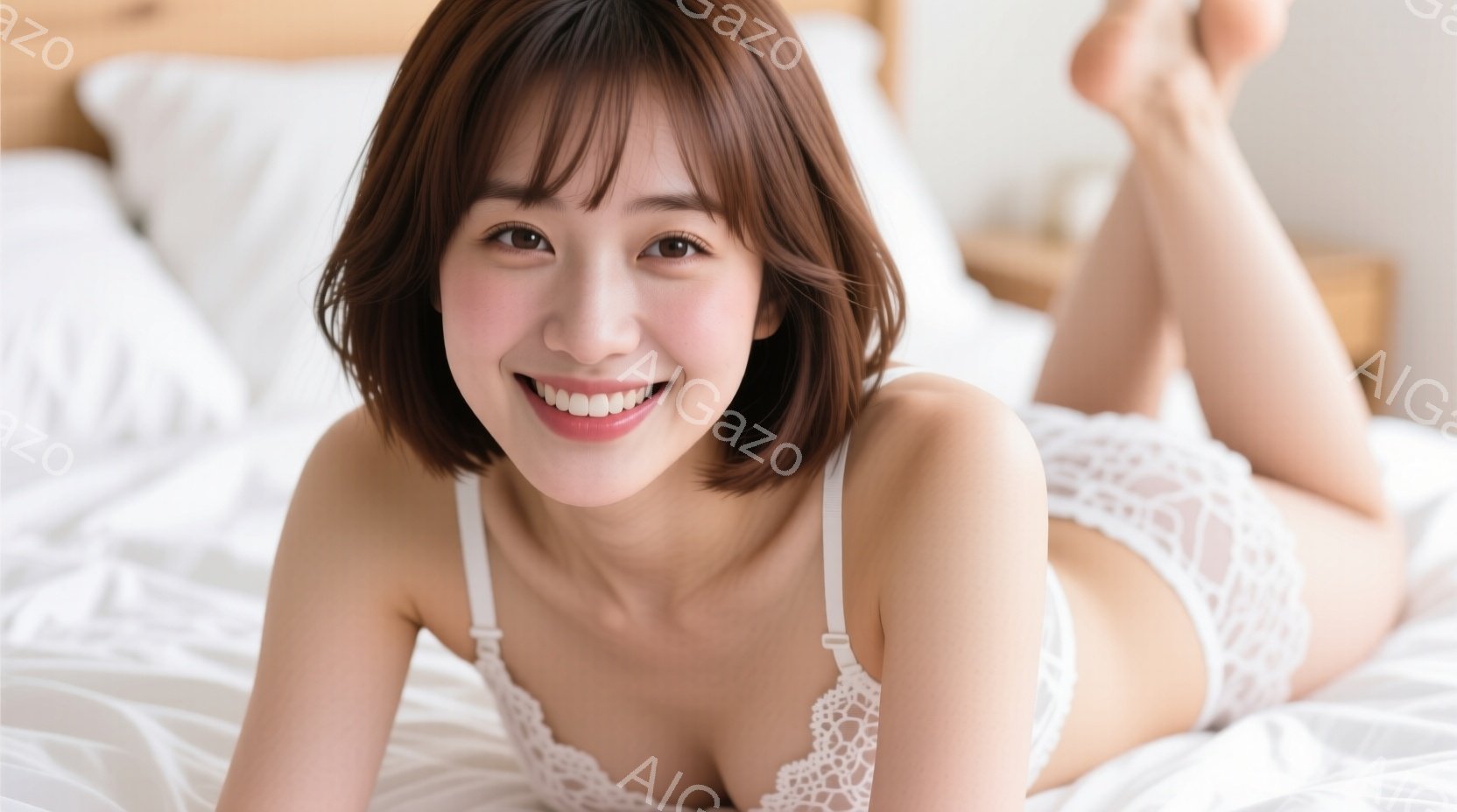 画像は、ベッドに横たわる女性を捉えています。彼女は白いレースのブラとショーツを身に着け、茶色のショートヘアで、笑顔を浮かべています。背景は白くシンプルなベッドリネンで、全体的に明るく親密な雰囲気が漂っ - AI生成フリー素材