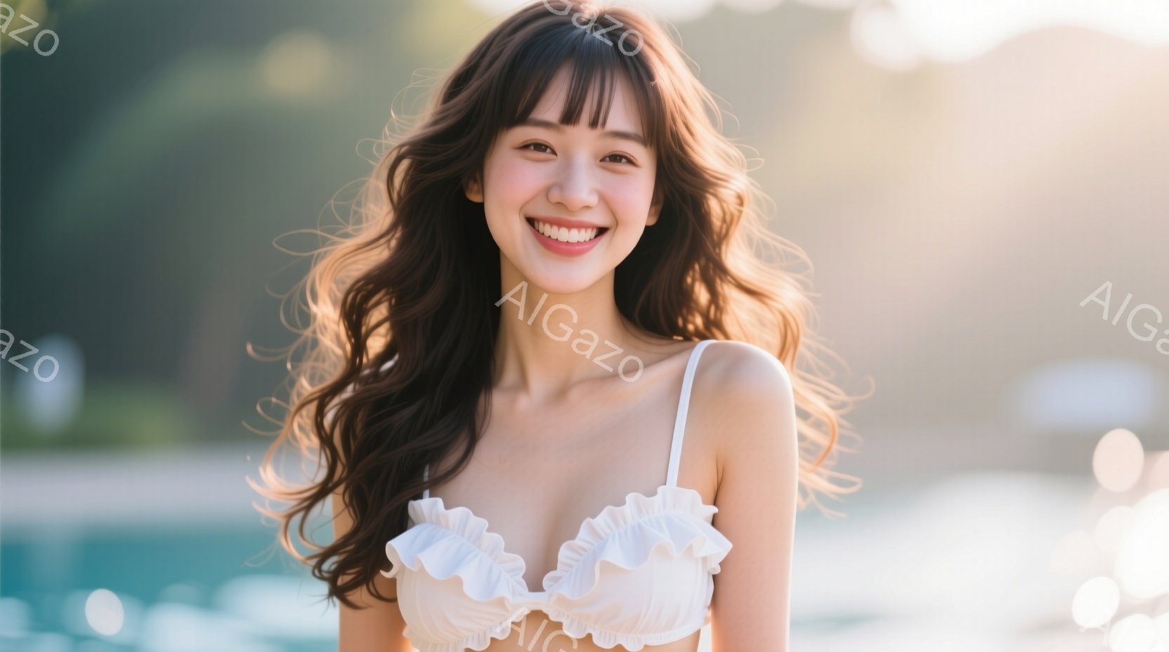 明るい笑顔を浮かべた女性が写っている。彼女は白いフリル付きのビキニを着ており、長い茶色の髪が風になびいている。背景はぼやけているが、青い水面と緑豊かな植物が見え、晴れた日のリゾート地のような雰囲気が漂 - AI生成フリー素材