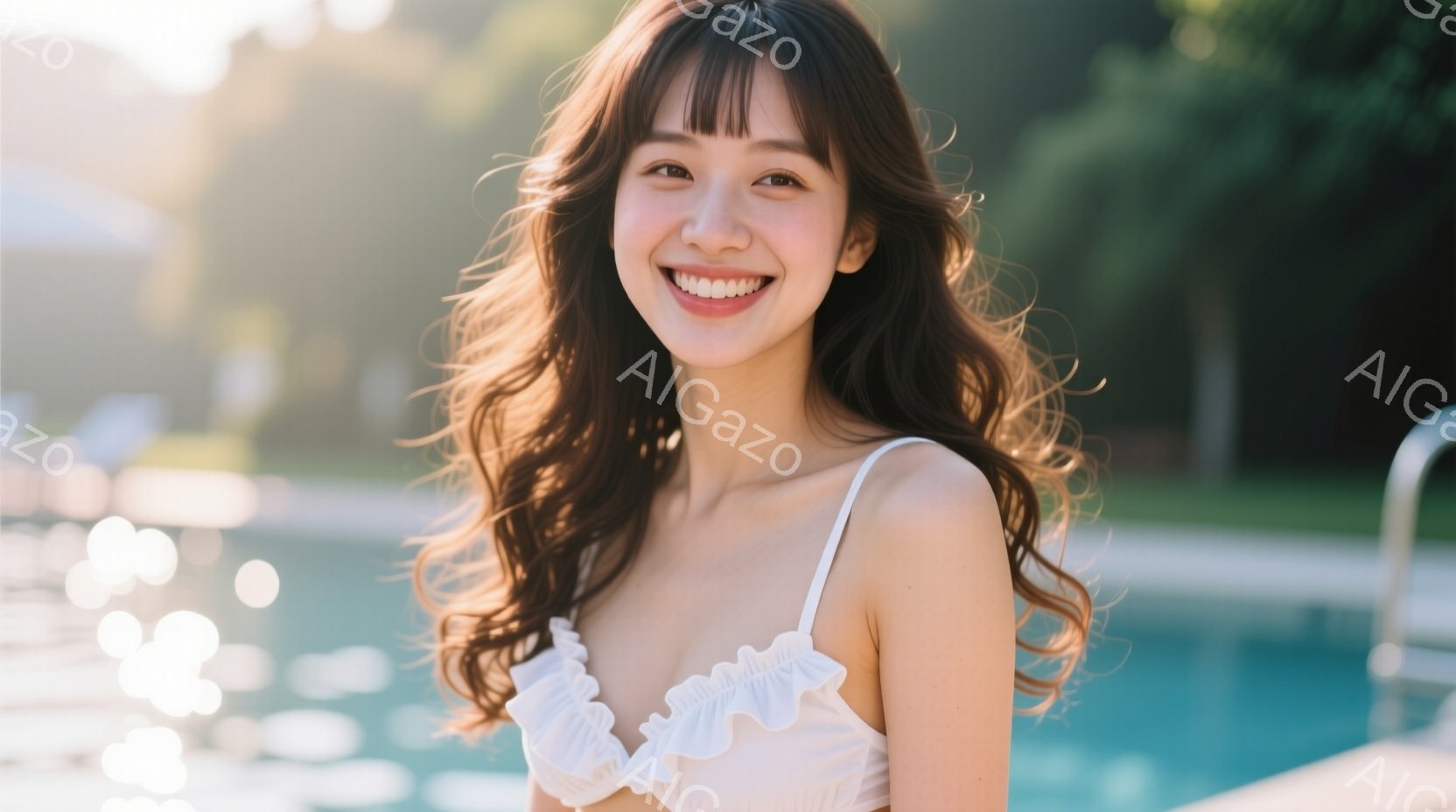 彼女は白いフリル付きの水着を着て、明るい笑顔を見せています。長い茶色の髪は肩にかかり、自然なウェーブがかかっています。背景には青いプールと緑豊かな植物が見え、晴れた日のリラックスした雰囲気を醸し出して - AI生成フリー素材