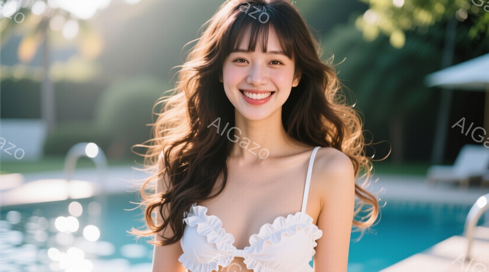 彼女は白いフリルビキニを着て、プールサイドで微笑んでいます。 長い茶色の髪は肩にかかり、自然なウェーブがかかっています。 背景には青いプールと緑豊かな植物があり、晴れた日のリラックスした雰囲気を醸し出 - AI生成フリー素材