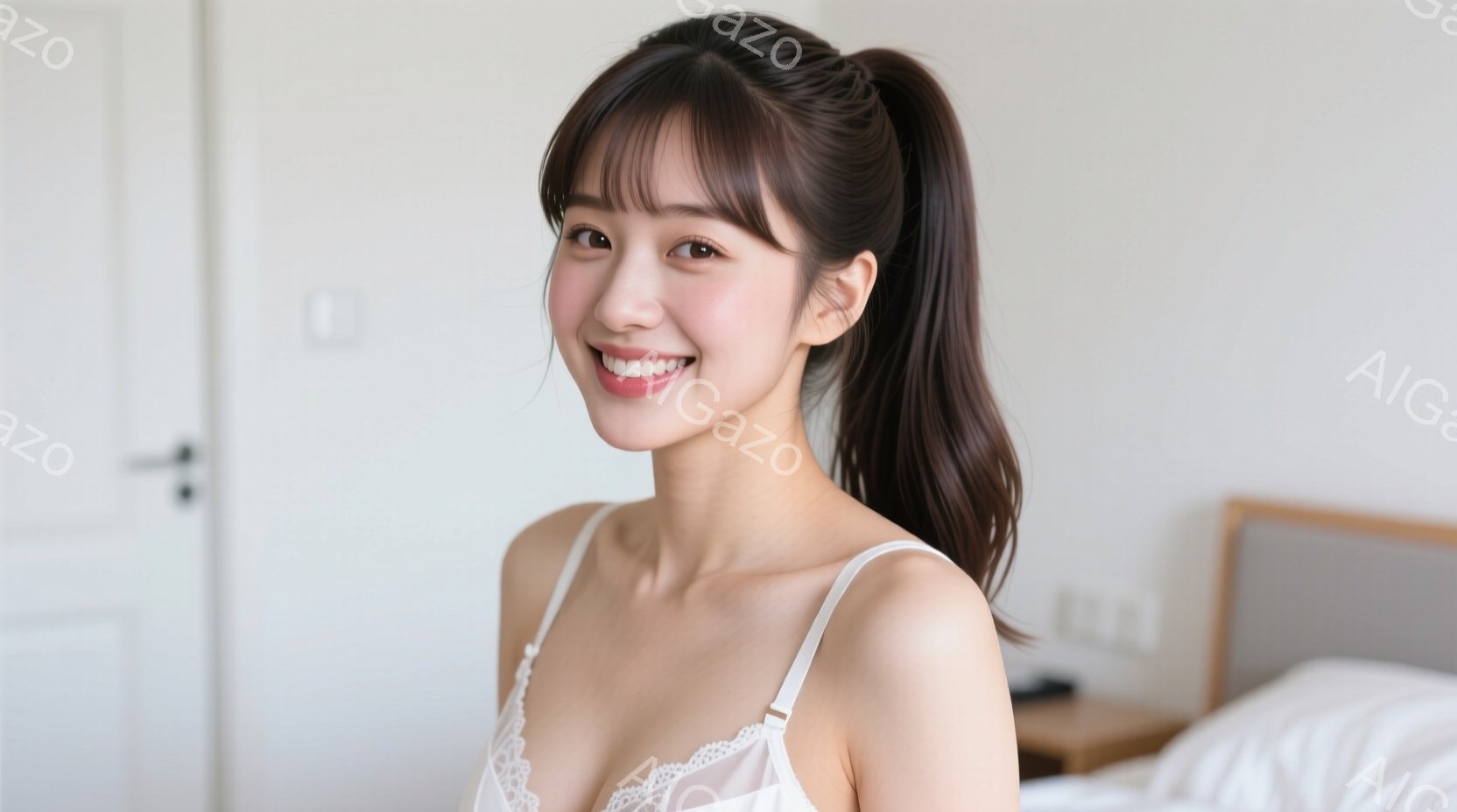 長い黒髪をポニーテールにした若い女性が、レースのトリミングが施された白いキャミソールを着ています。彼女は微笑んでおり、リラックスした雰囲気でベッドに座っています。背景には、白い壁とベッド、そして間接照 - AI生成フリー素材