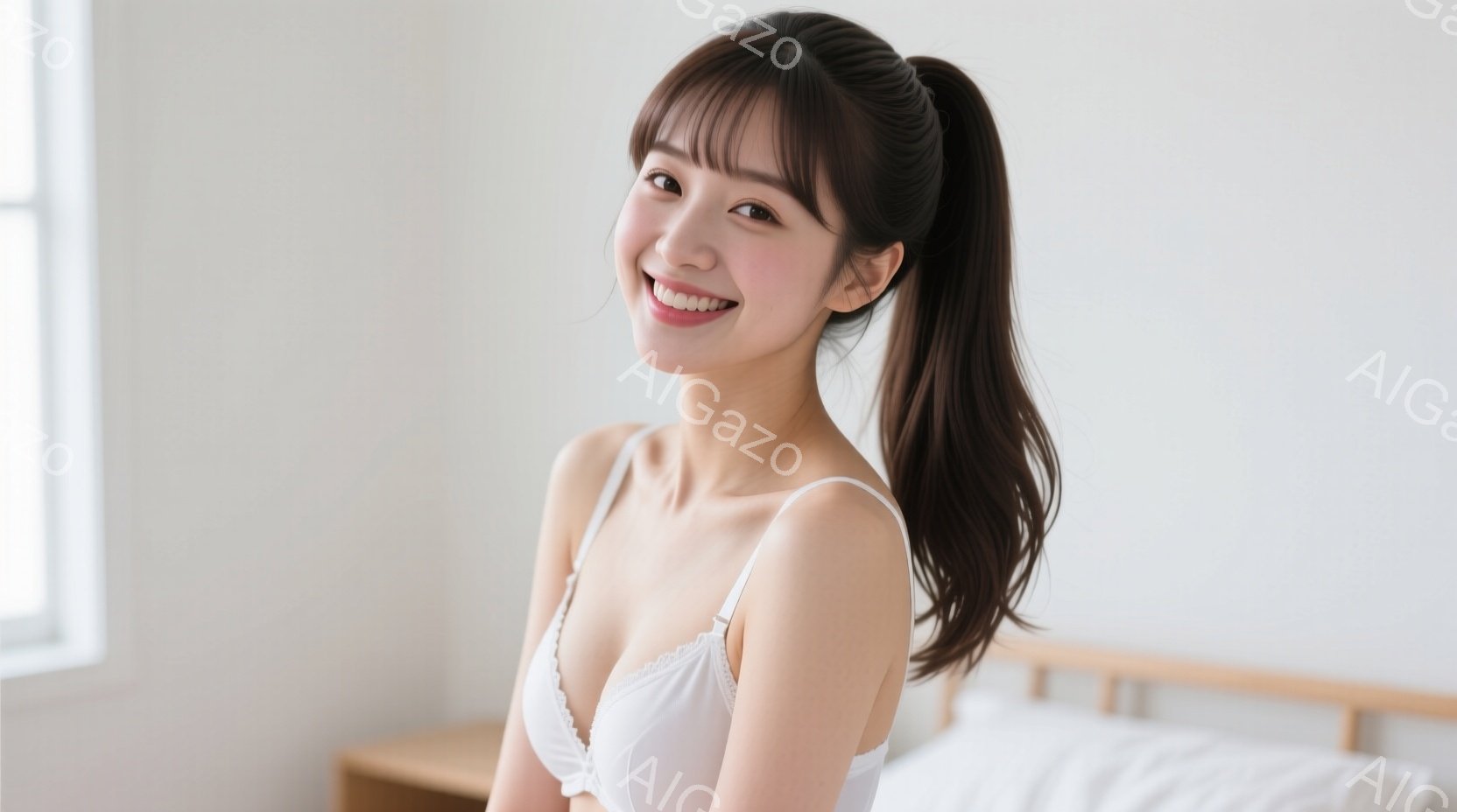 長い黒髪をポニーテールにした女性が、白いレースのブラレットを着て微笑んでいます。彼女はベッドに座っており、リラックスした姿勢でカメラを見つめています。背景は明るい部屋で、木製の家具が見え、全体的に穏や - AI生成フリー素材