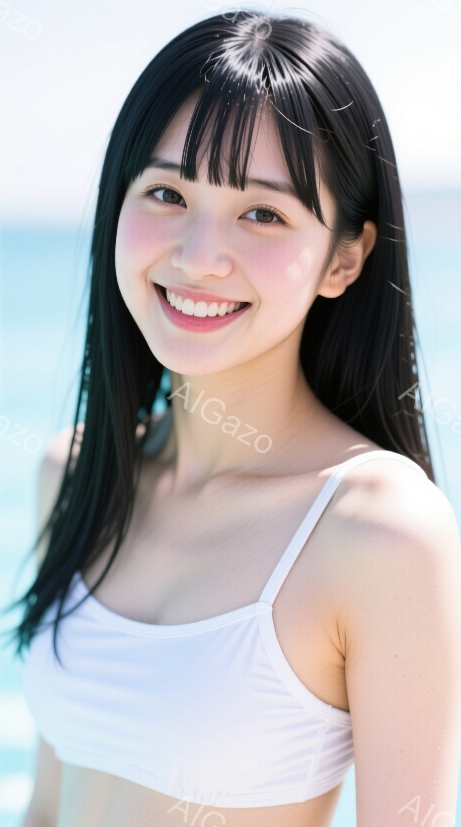 長い黒髪で前髪が眉毛にかかる女性が、白いビキニトップを着ています。彼女はカメラに向かって微笑んでおり、明るい日差しの中でリラックスした様子がうかがえます。背景には、青い海と空が広がり、夏の穏やかな雰囲 - AI生成フリー素材