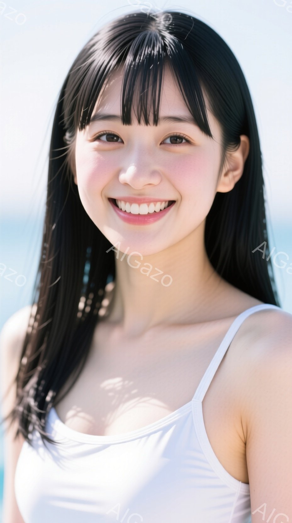 黒髪で前髪ぱっつんの女性が、白いキャミソールを着て微笑んでいます。彼女はわずかに顔を傾け、リラックスした表情をしています。背景は青空と海で、夏の太陽の下で穏やかな雰囲気を醸し出しています。 - AI生成フリー素材