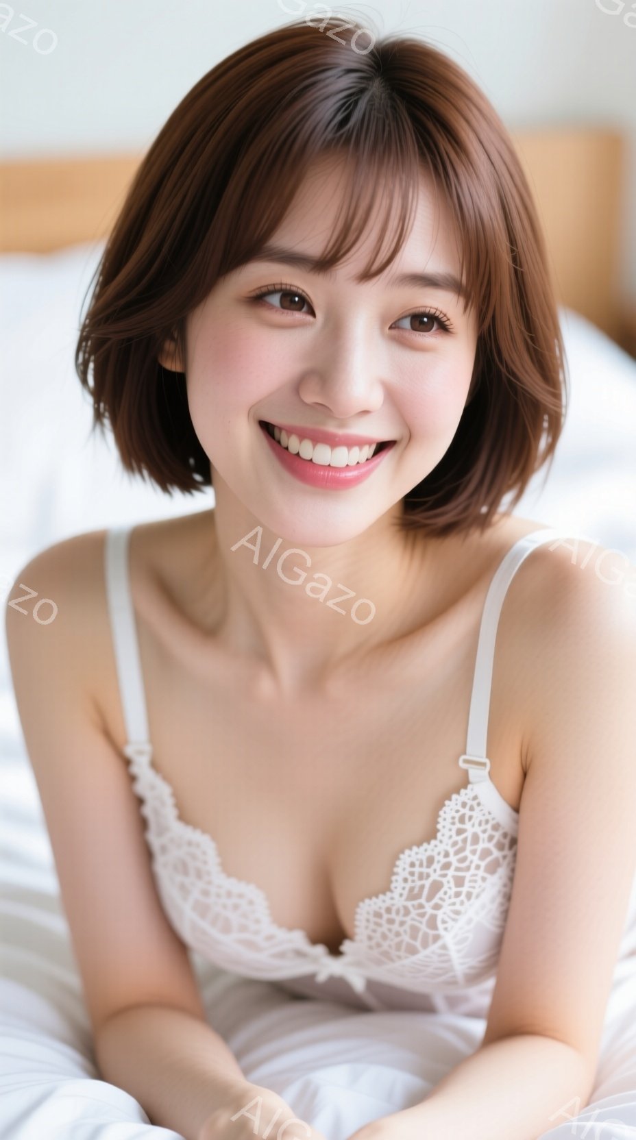 画像は、白いレースのブラレットを着用した若い女性が、白いシーツの上に横たわっている様子を捉えています。彼女は肩までの長さの茶髪で、笑顔を見せており、リラックスした表情をしています。背景はぼやけています - AI生成フリー素材