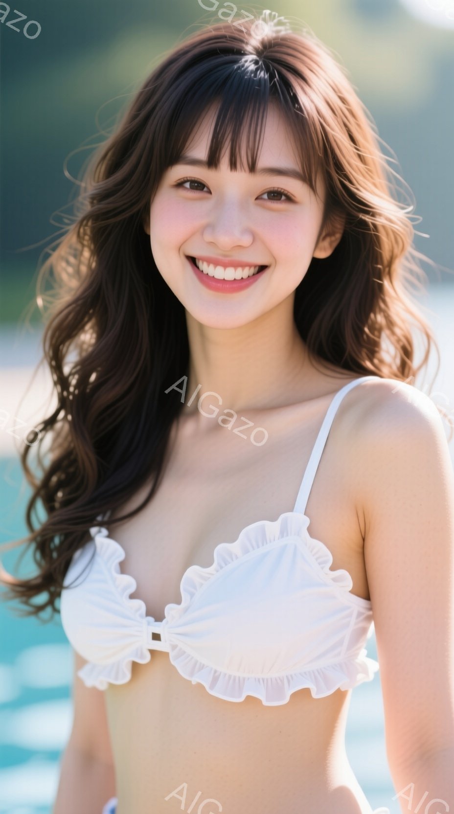 長い茶色の髪を無造作にウェーブさせた女性が、白いフリルのビキニトップスを着て微笑んでいます。彼女はわずかに上体を傾け、リラックスした姿勢で、背景には青い水面が見えます。全体的に明るく、夏らしい、穏やか - AI生成フリー素材