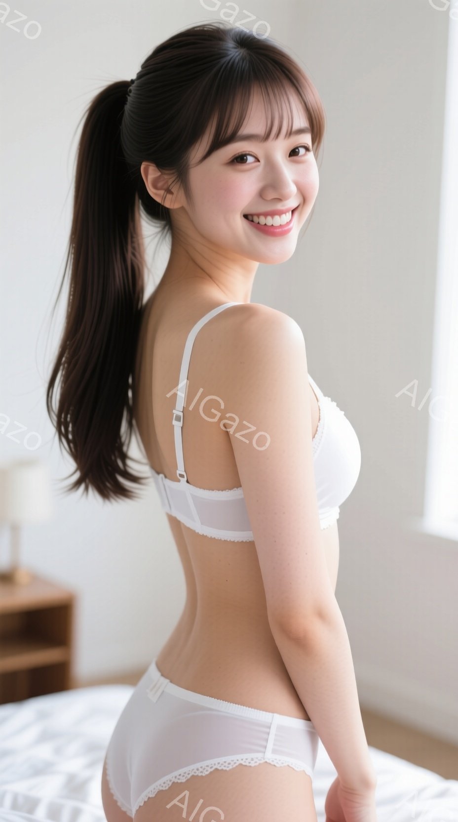 長い黒髪をポニーテールにした女性が、白いブラとショーツのランジェリー姿で立っています。彼女は微笑んでおり、姿勢はリラックスしています。背景にはベッドとサイドテーブルが見え、室内は明るく清潔な印象です。 - AI生成フリー素材