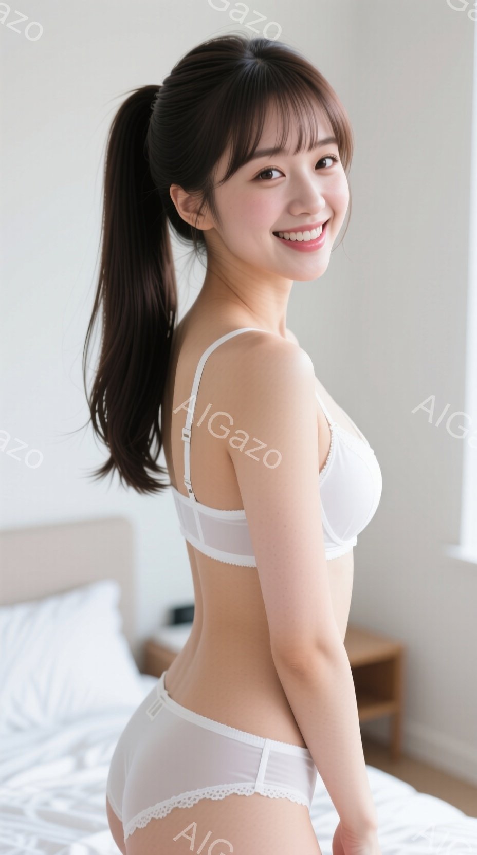 長い黒髪をポニーテールにした女性が、白い下着姿で正面を向いています。彼女は微笑んでおり、姿勢はまっすぐで、リラックスした雰囲気を醸し出しています。背景には白いベッドと木製の家具が見え、明るく清潔感のある寝室のようです。