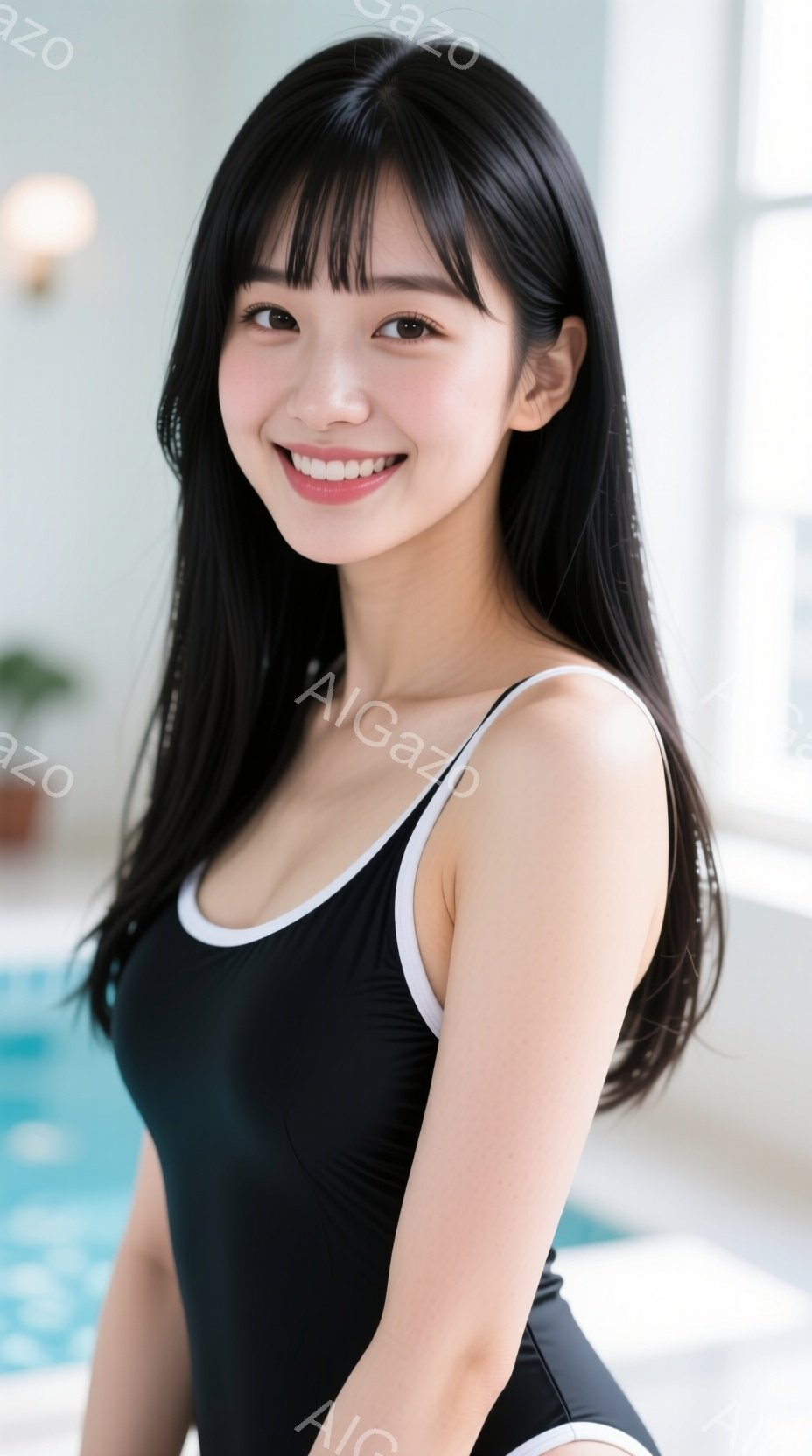 黒い水着に白い縁取りが施された女性が写っています。彼女は肩を出し、長い黒髪を肩から下に伸ばしており、笑顔を見せています。背景にはぼやけたプールの水面が見え、明るい室内でリラックスした雰囲気が漂っていま - AI生成フリー素材