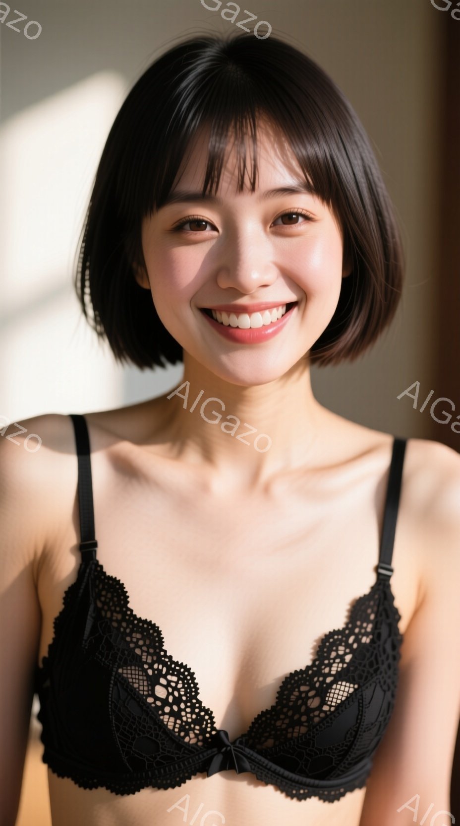 黒いレースのブラレットを着た若い女性が正面を向いています。彼女は肩までの長さの黒髪で、微笑んでいます。背景は白く、女性が焦点となっており、柔らかく明るい雰囲気を醸し出しています。 - AI生成フリー素材